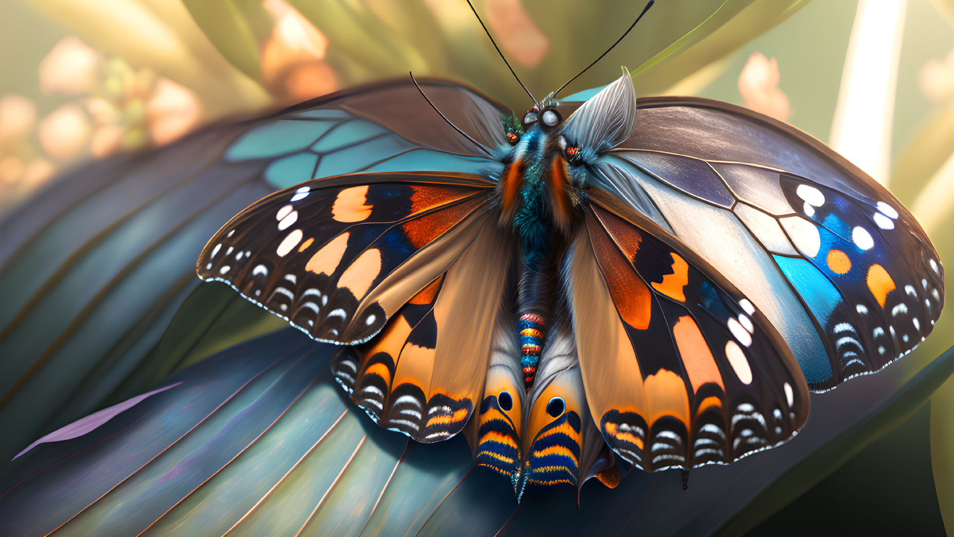 Colorful Butterfly Close-Up with Orange, Black, and Blue Wings on Leaf