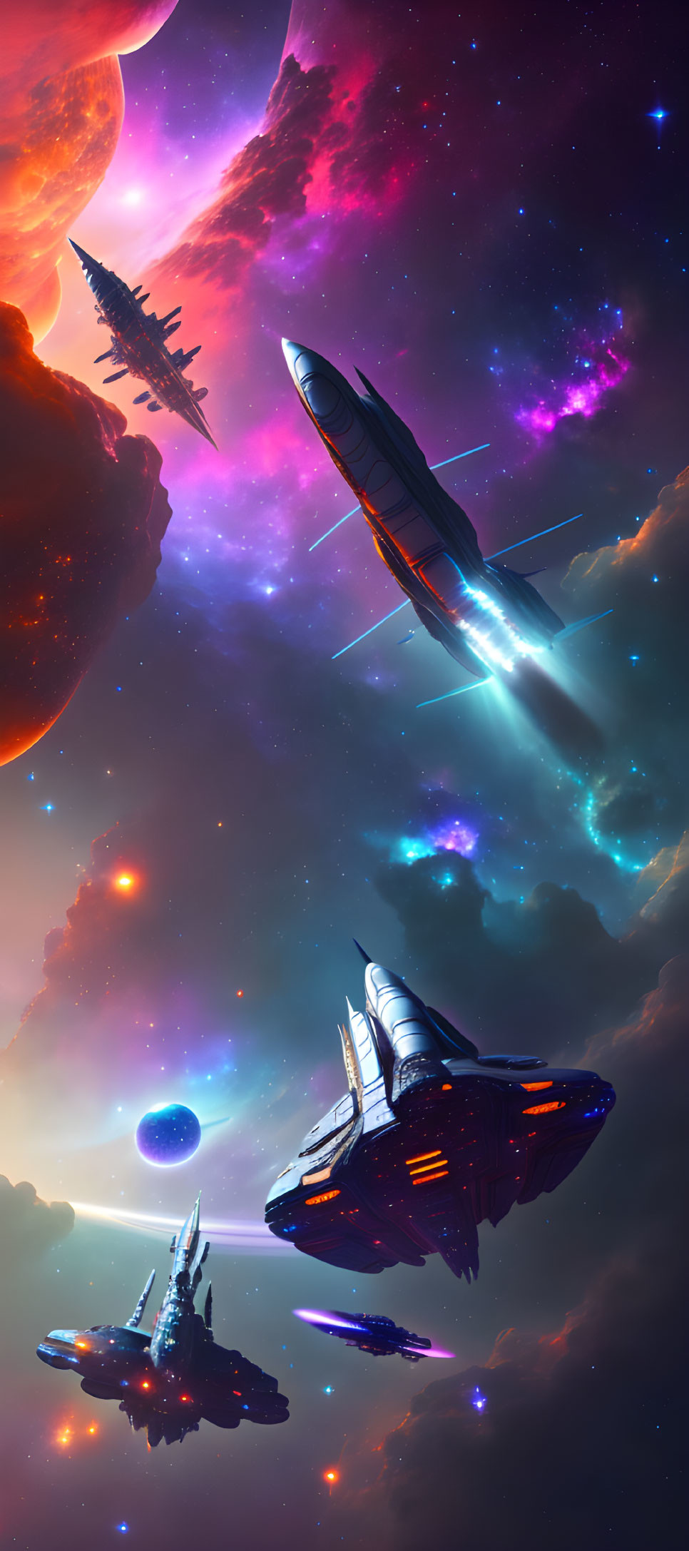 Colorful space scene with rocket, planets, and nebulas