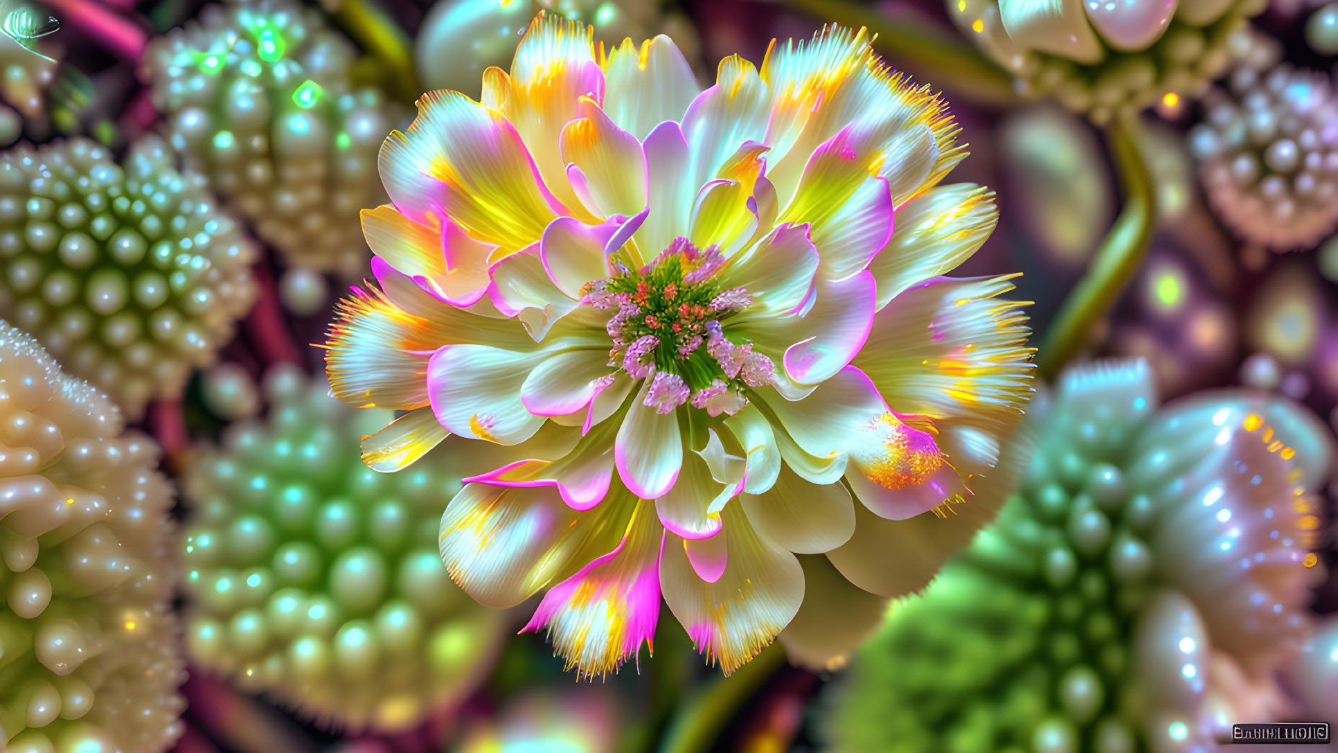 Colorful digital artwork of radiant flower with neon highlights and glowing orbs