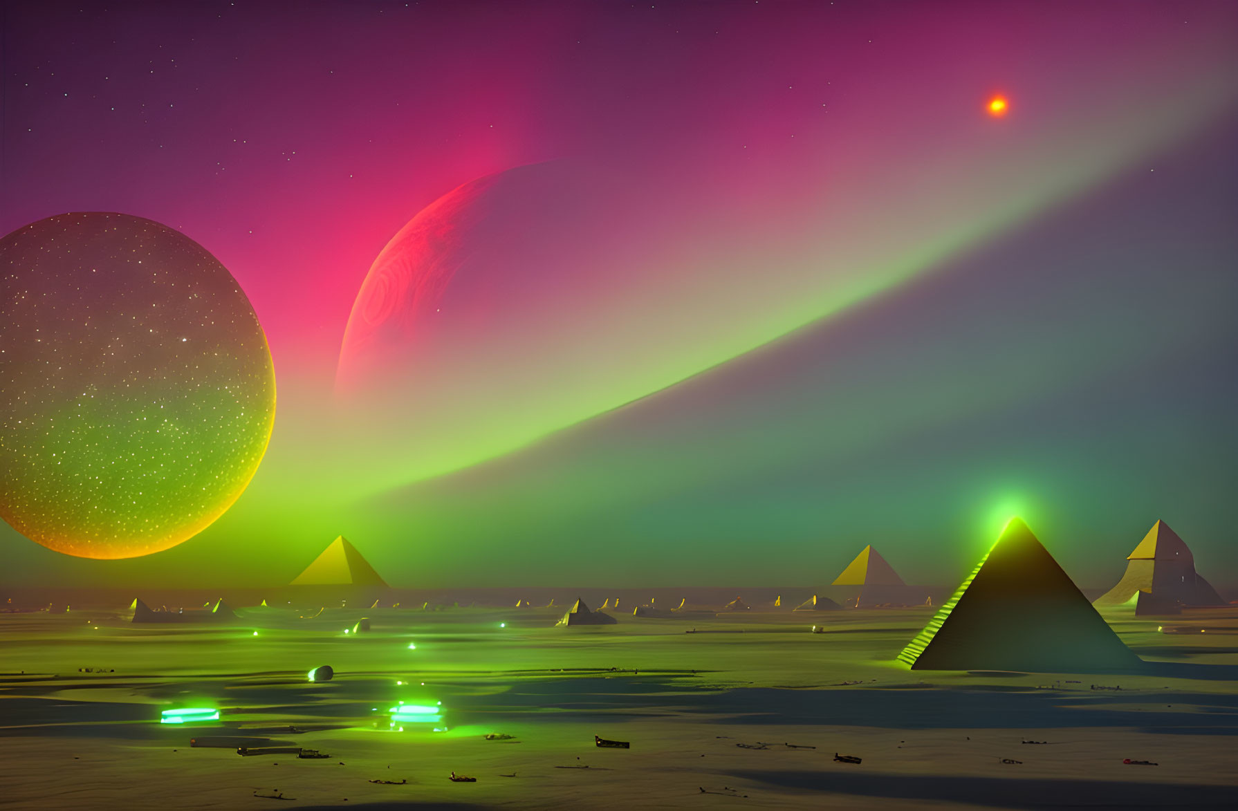 Sci-fi landscape with pyramids, aurora lights, red star, celestial bodies