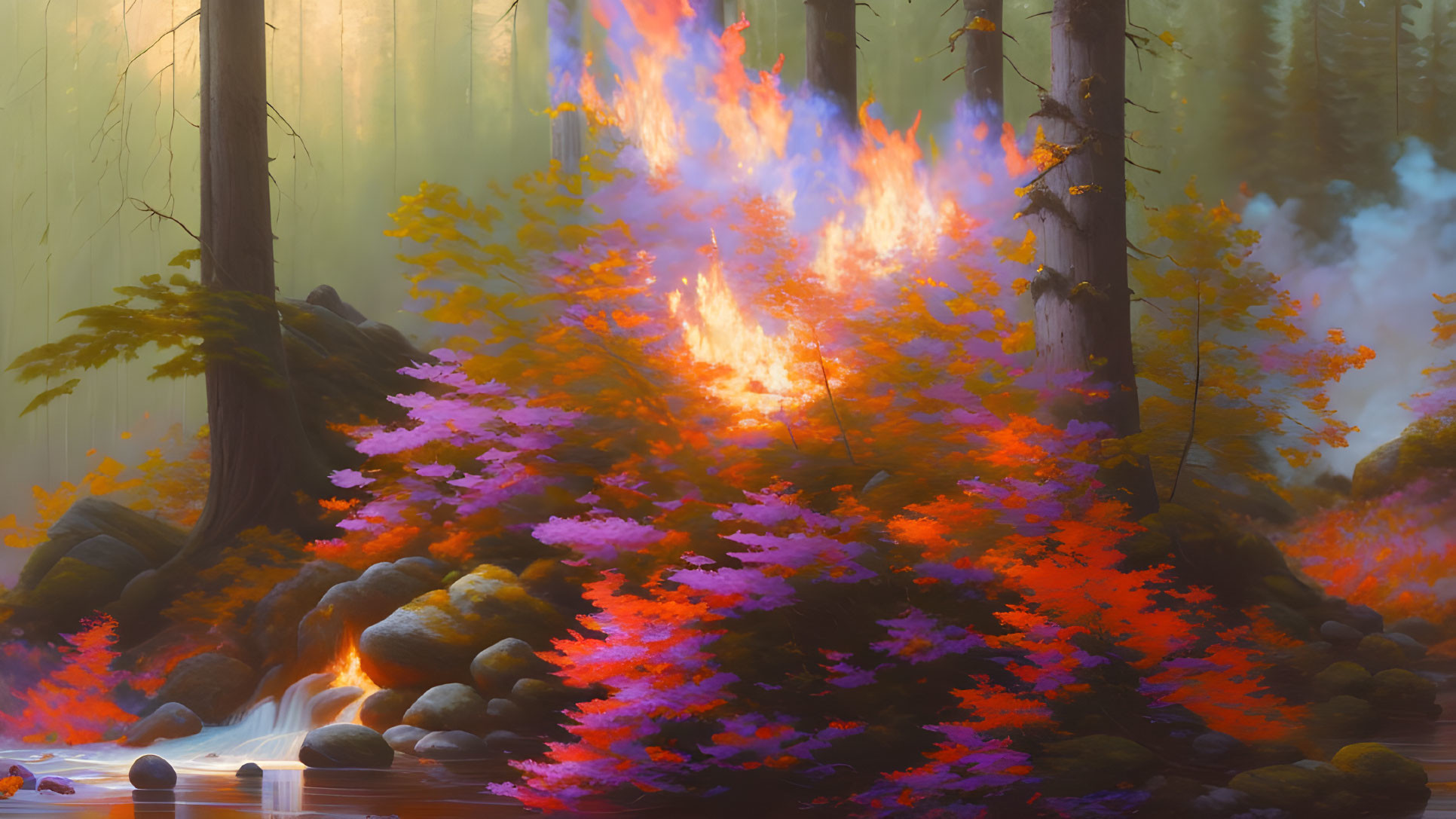 Autumn forest scene with fire and mist.