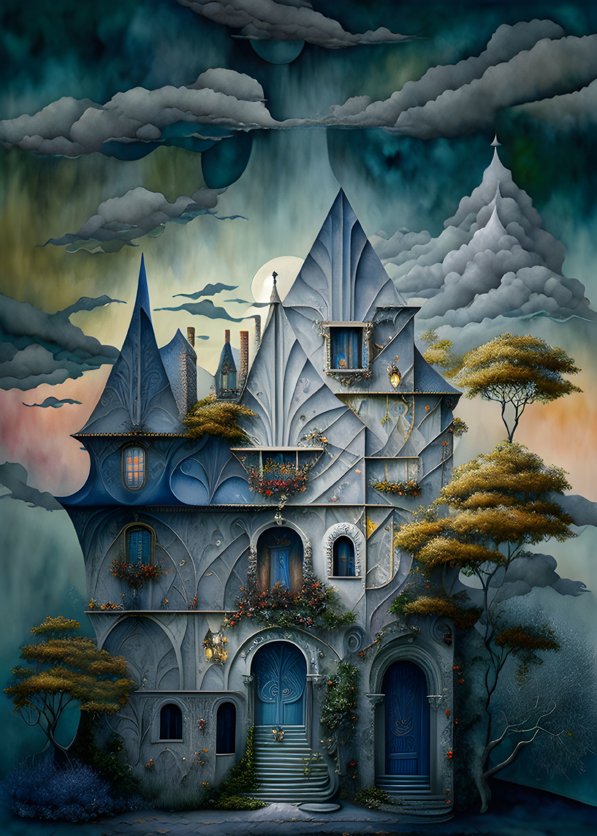 Fantasy house illustration among autumn trees under moody sky