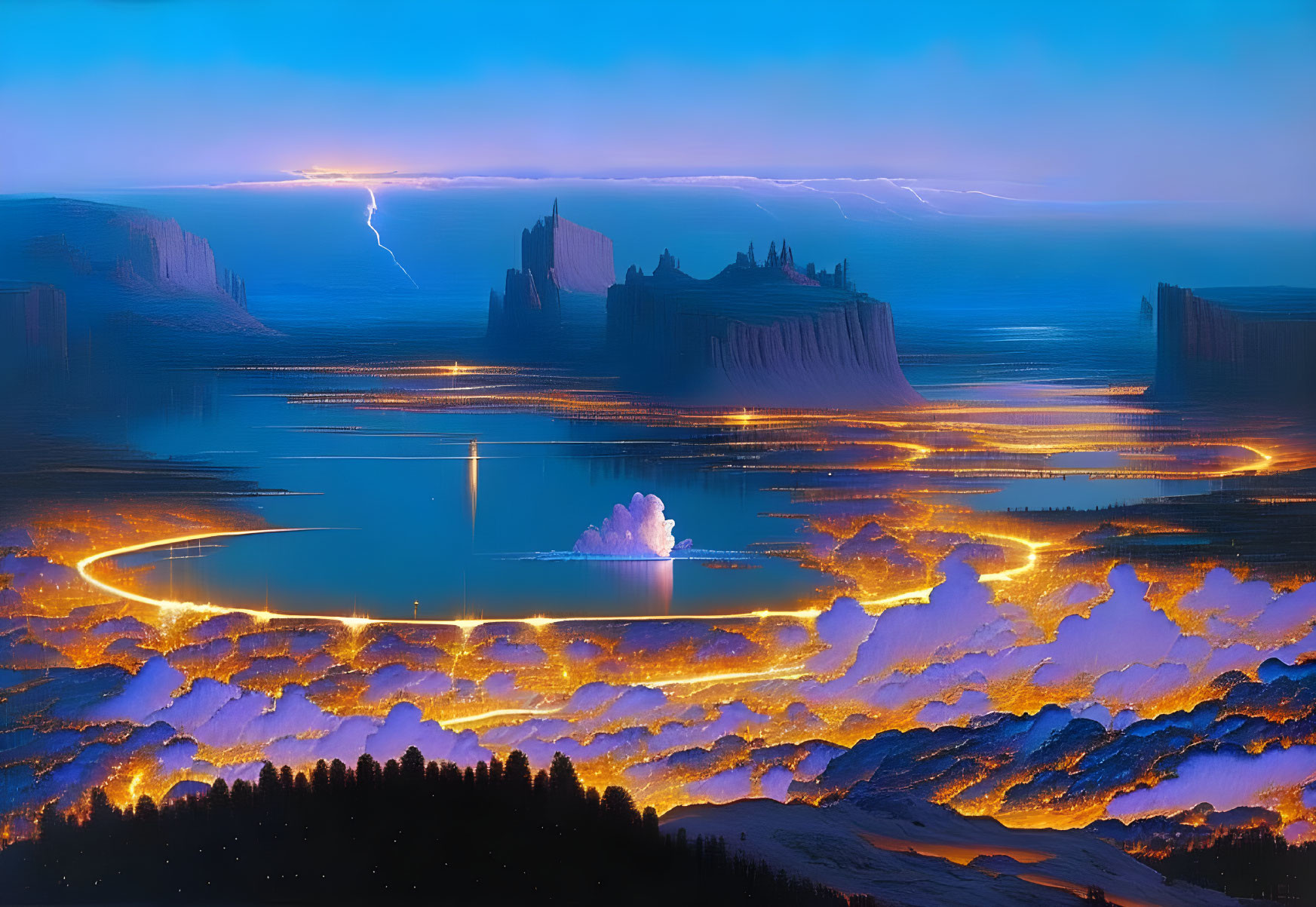 Futuristic landscape digital artwork with glowing roads and towering rock formations