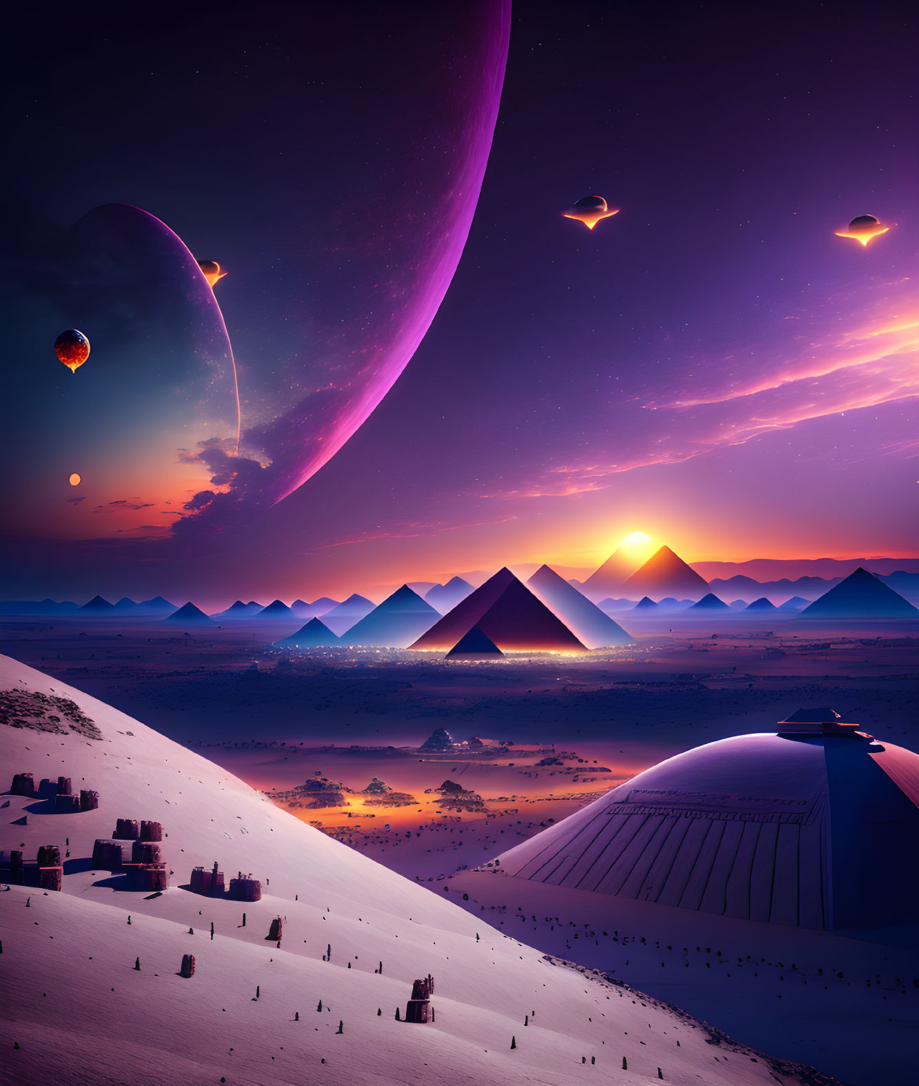 Futuristic desert landscape with pyramids, dome structure, and flying vehicles at twilight