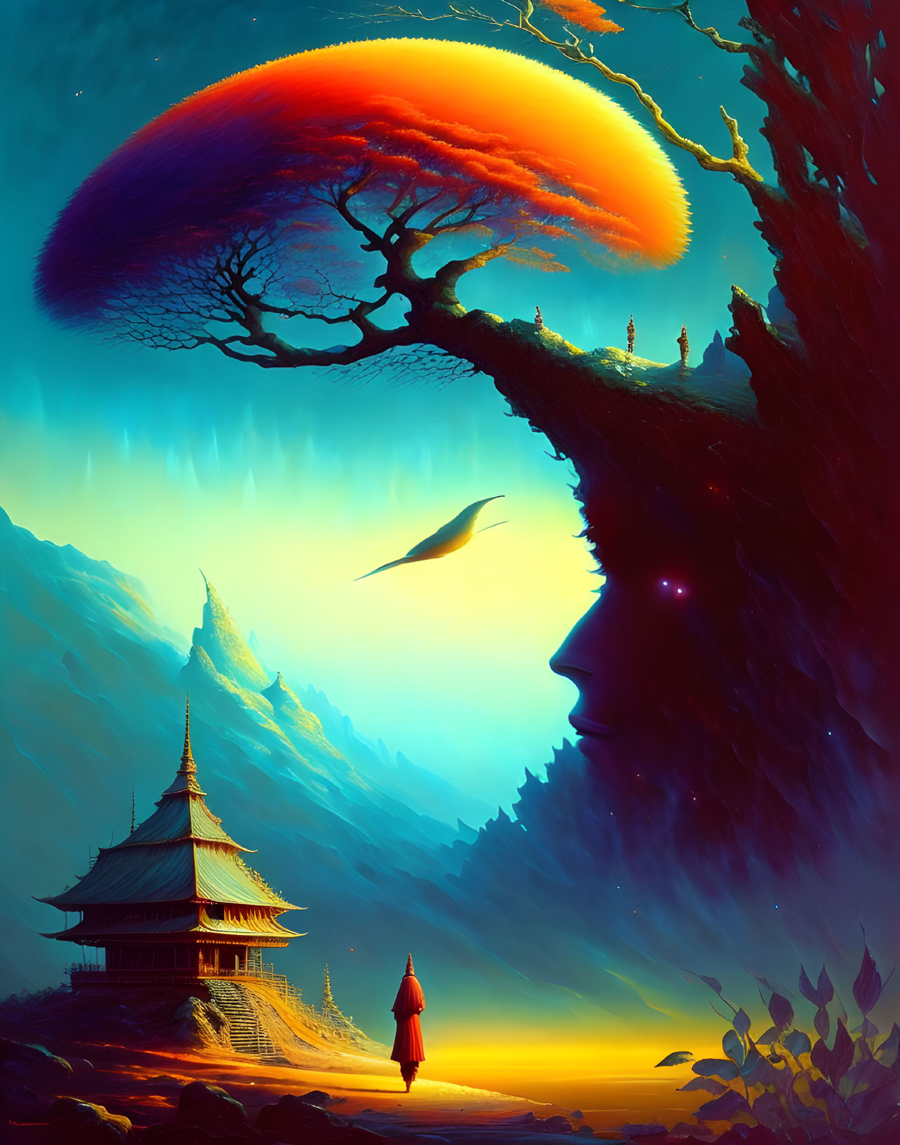 Vibrant fantasy landscape with fiery tree, figure in red cloak, pagoda, and flying creature