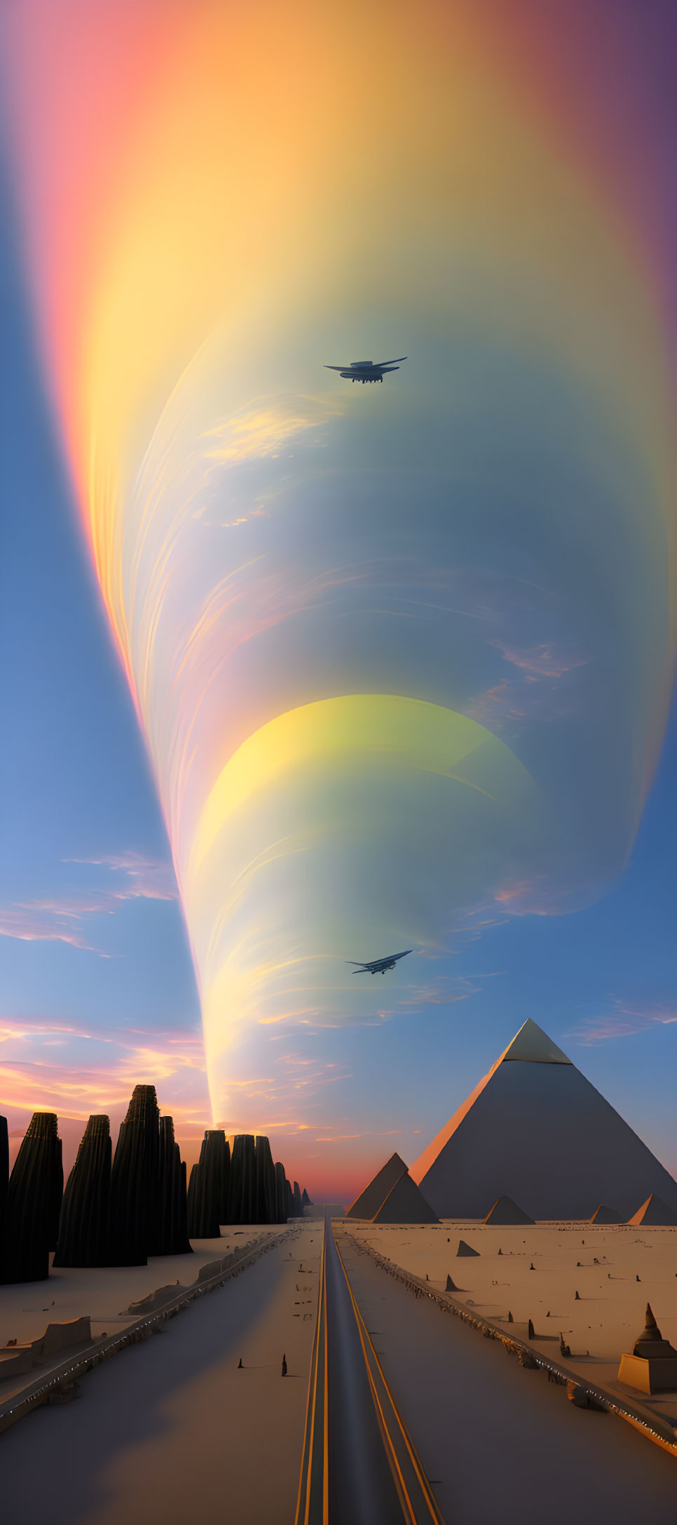 Surreal landscape with road, pyramids, rainbow sky, and planes