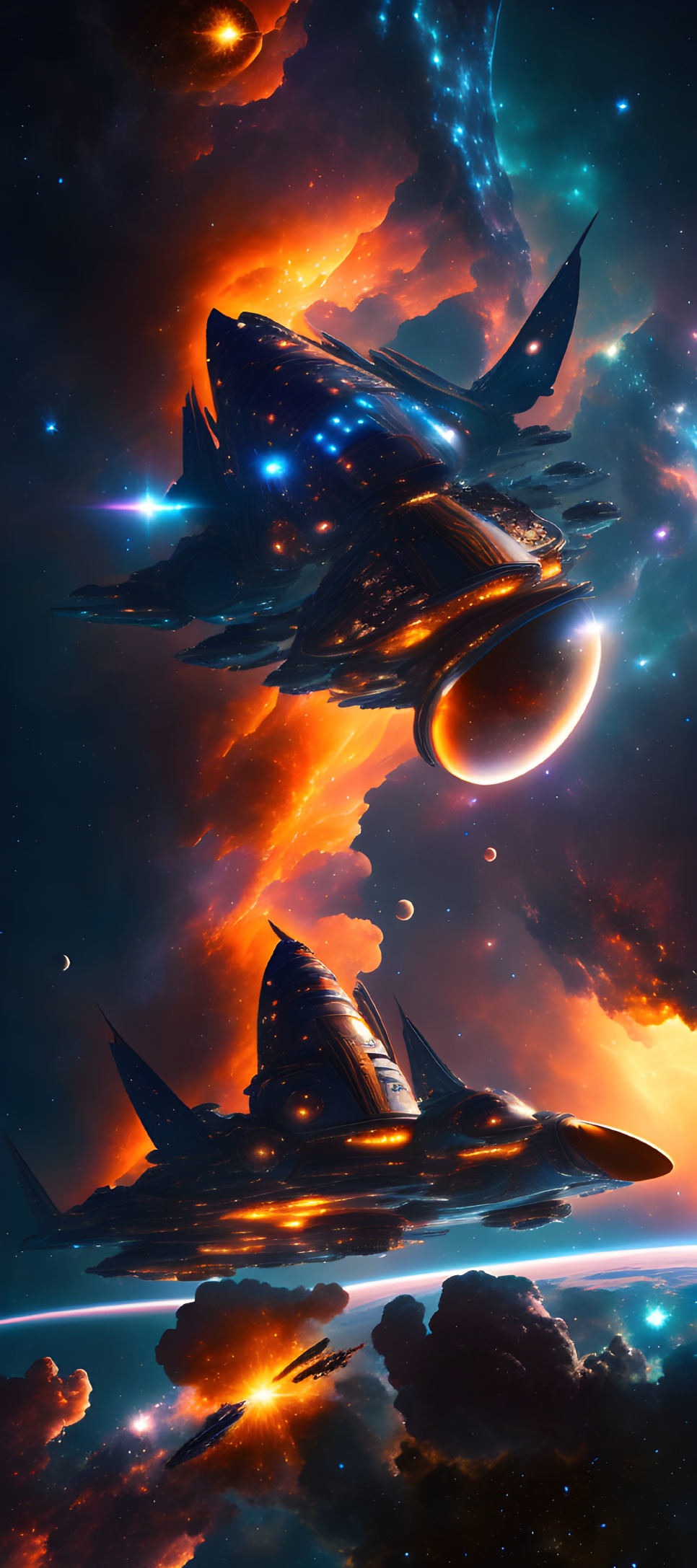 Futuristic spaceship in vibrant cosmic landscape