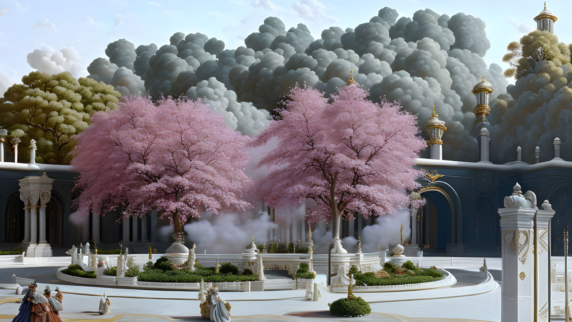 Serenity in a digital artwork: classical courtyard with cherry blossom trees and statues