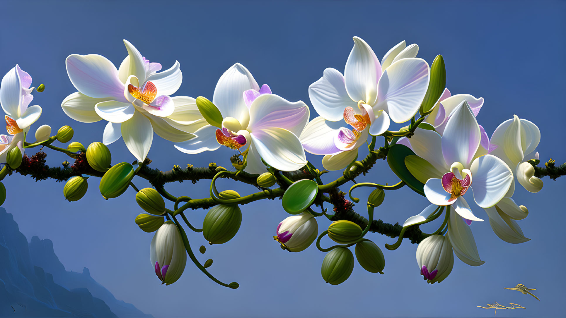 Colorful Digital Painting of White and Yellow Orchids on Blue Sky