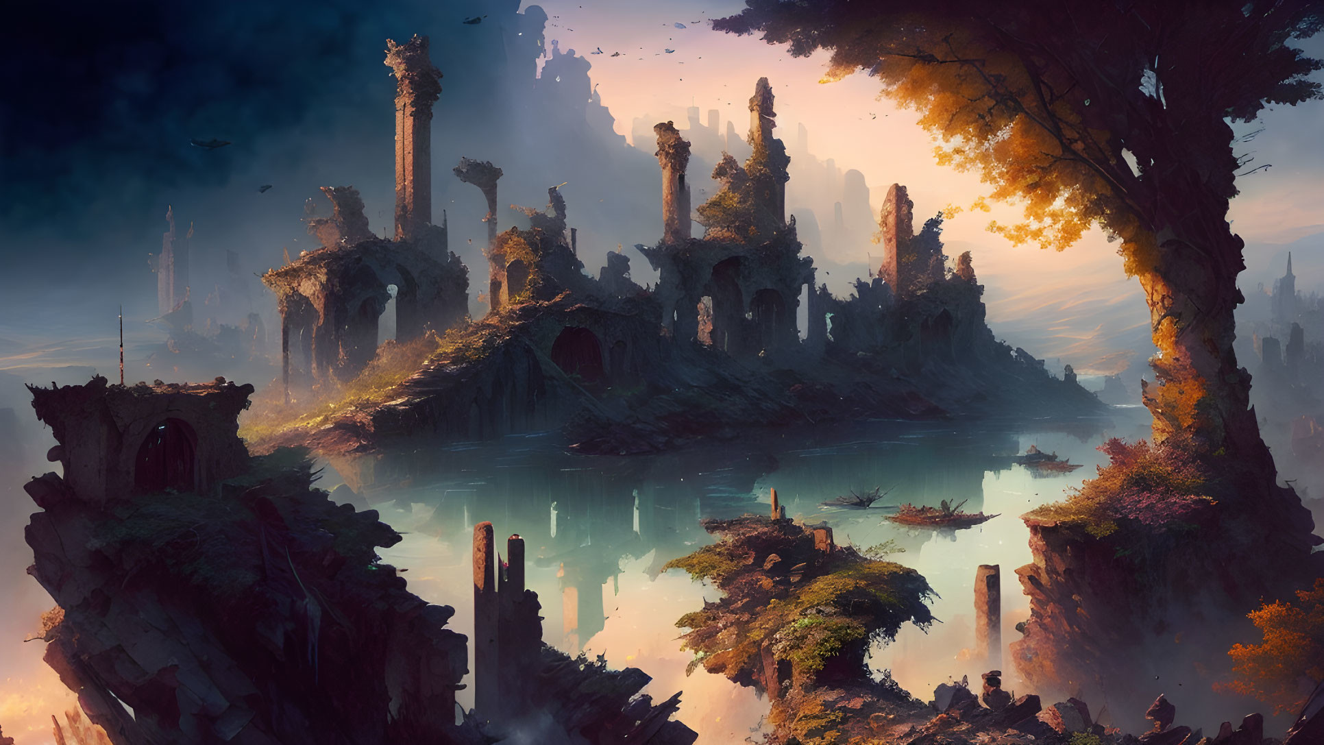 Mystical landscape with towering ruins, serene lake, and warm light.