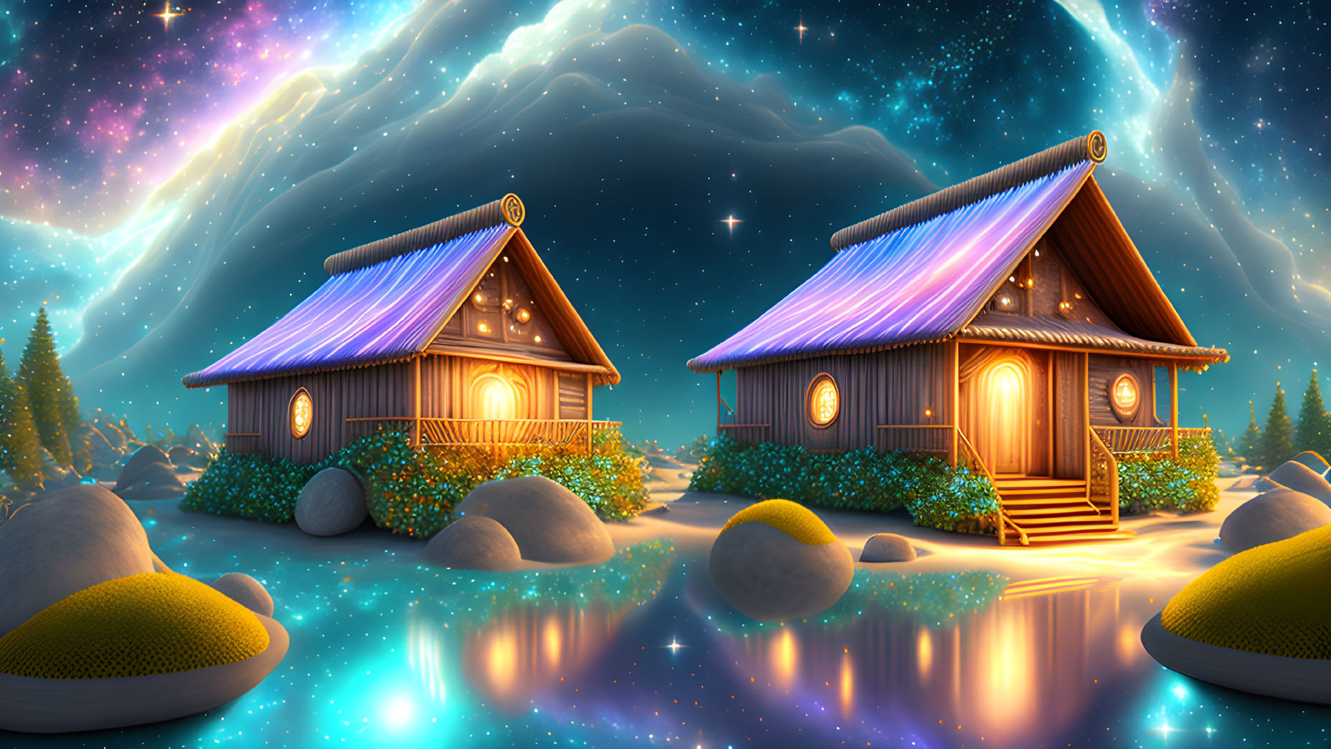 Rustic wooden cabins by lake under starry sky with aurora borealis