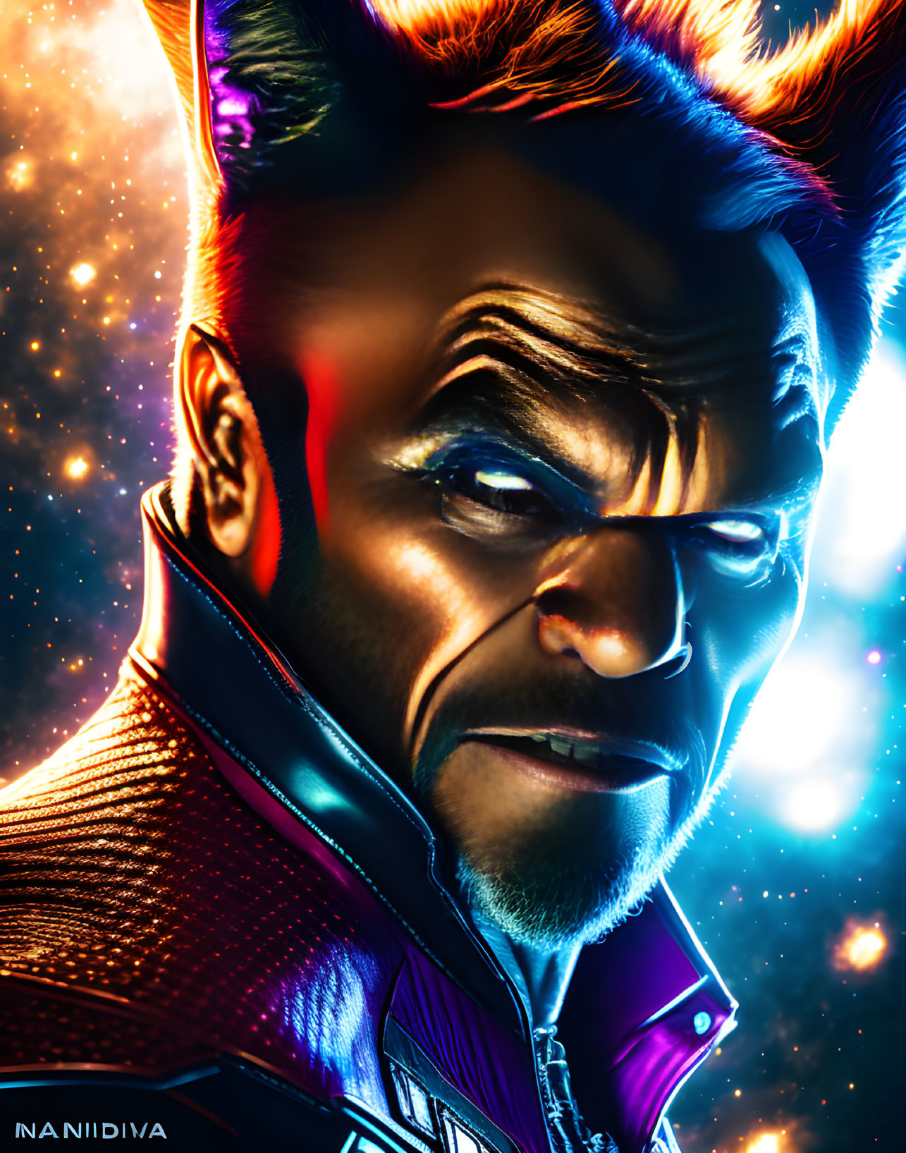 Vibrant portrait of male comic character with fiery hairstyle and cosmic backdrop