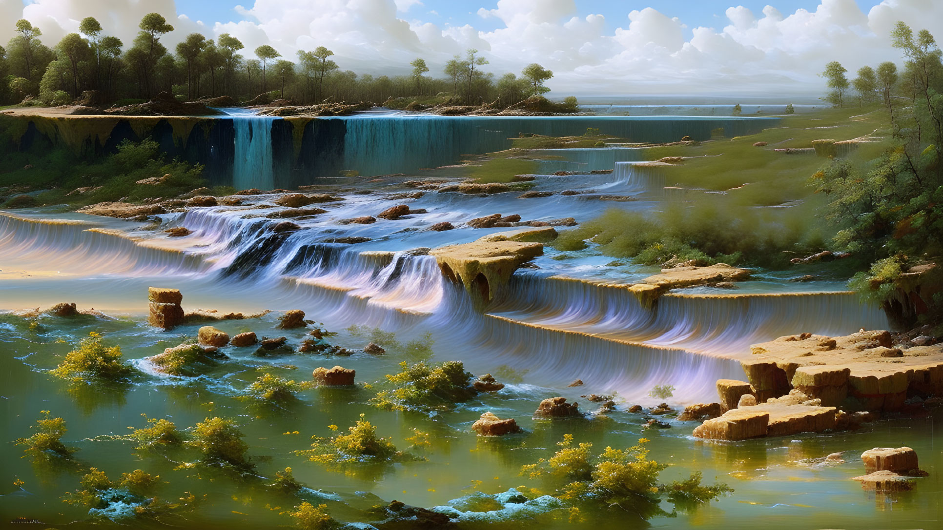 Tranquil landscape: waterfalls, rivers, greenery, trees, blue sky