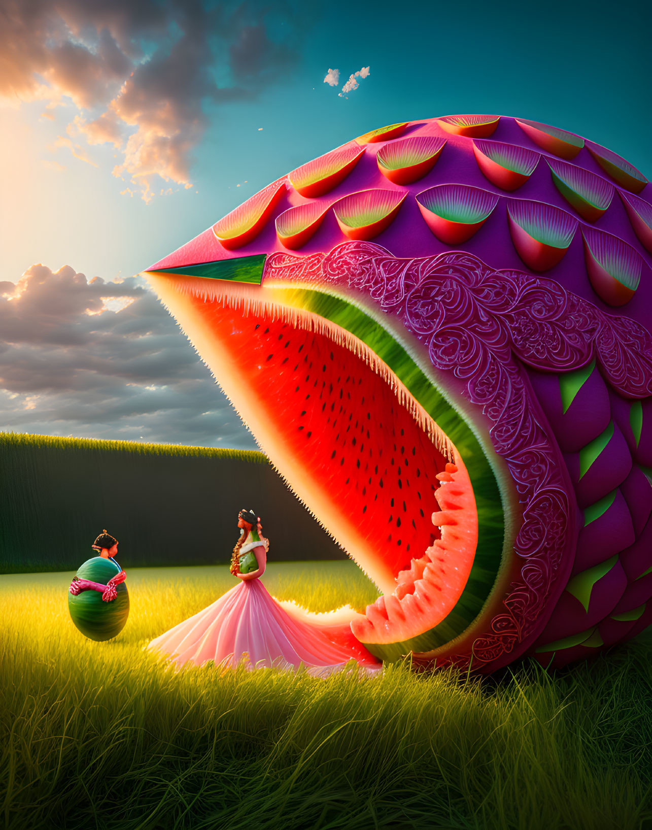 Giant watermelon slice art with intricate patterns and sunset sky scene.