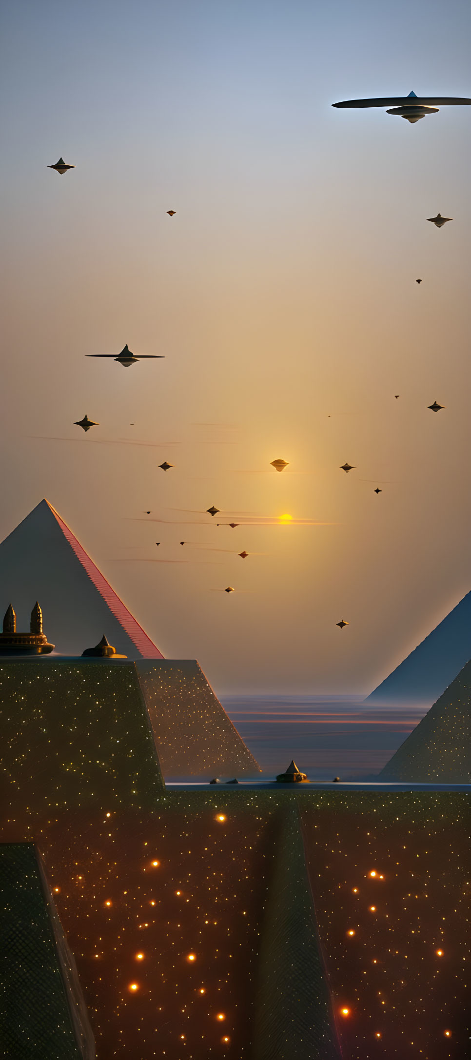 Paper planes flying over pyramids in gradient sunset sky