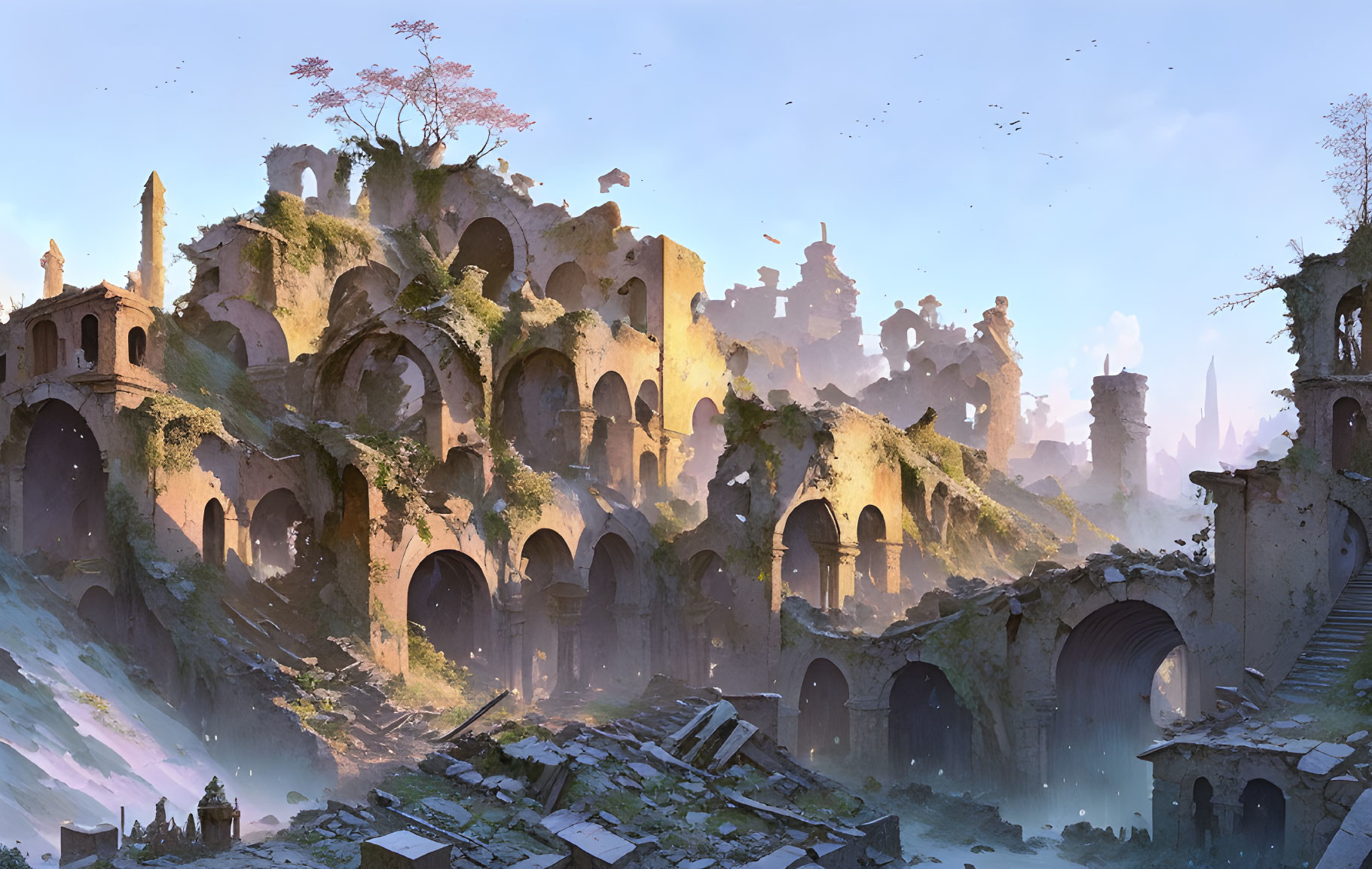 Ancient city ruins with crumbling arches and overgrown vegetation in warm sunlight