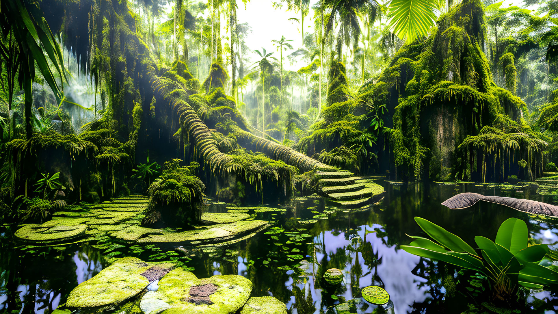 Lush Green Tropical Rainforest with Mossy Log and Lily Pads