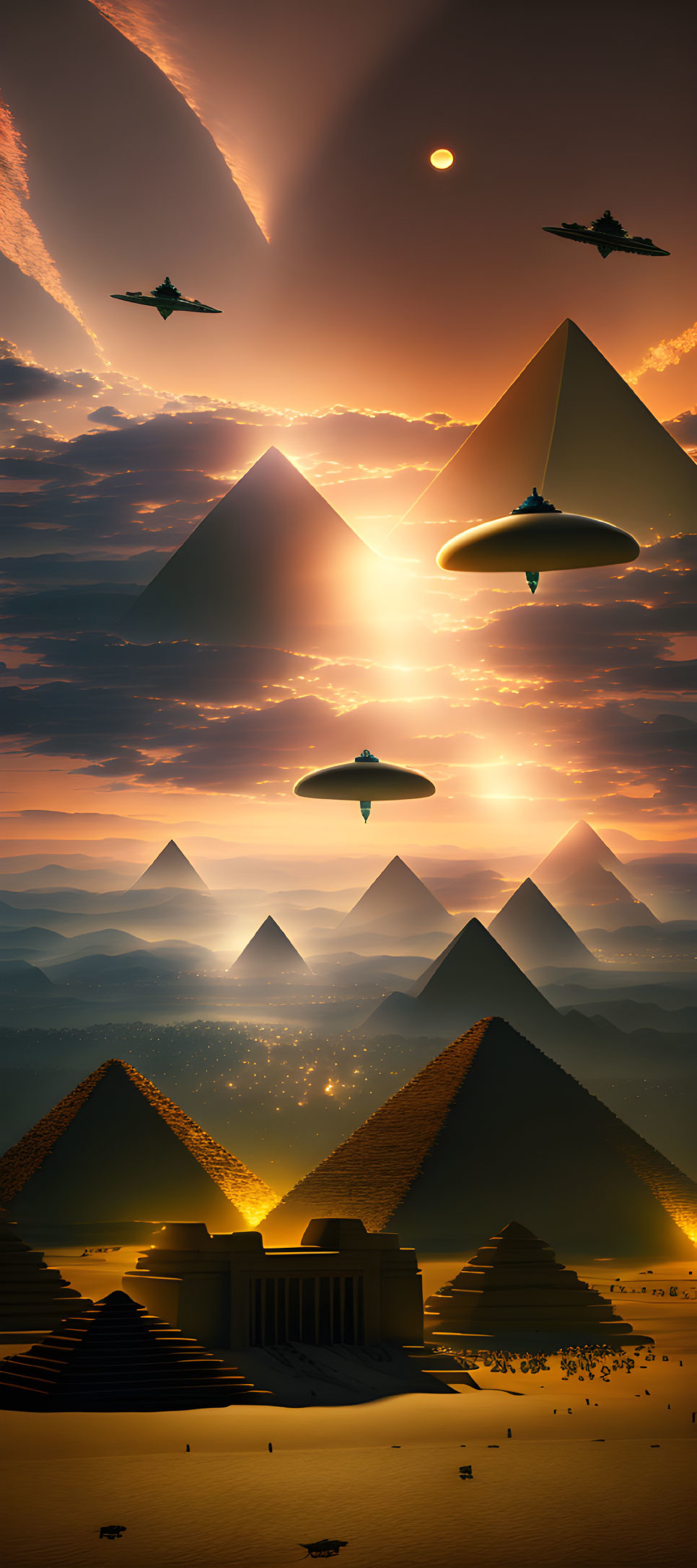 Surreal UFOs over ancient Egyptian pyramids in dramatic setting