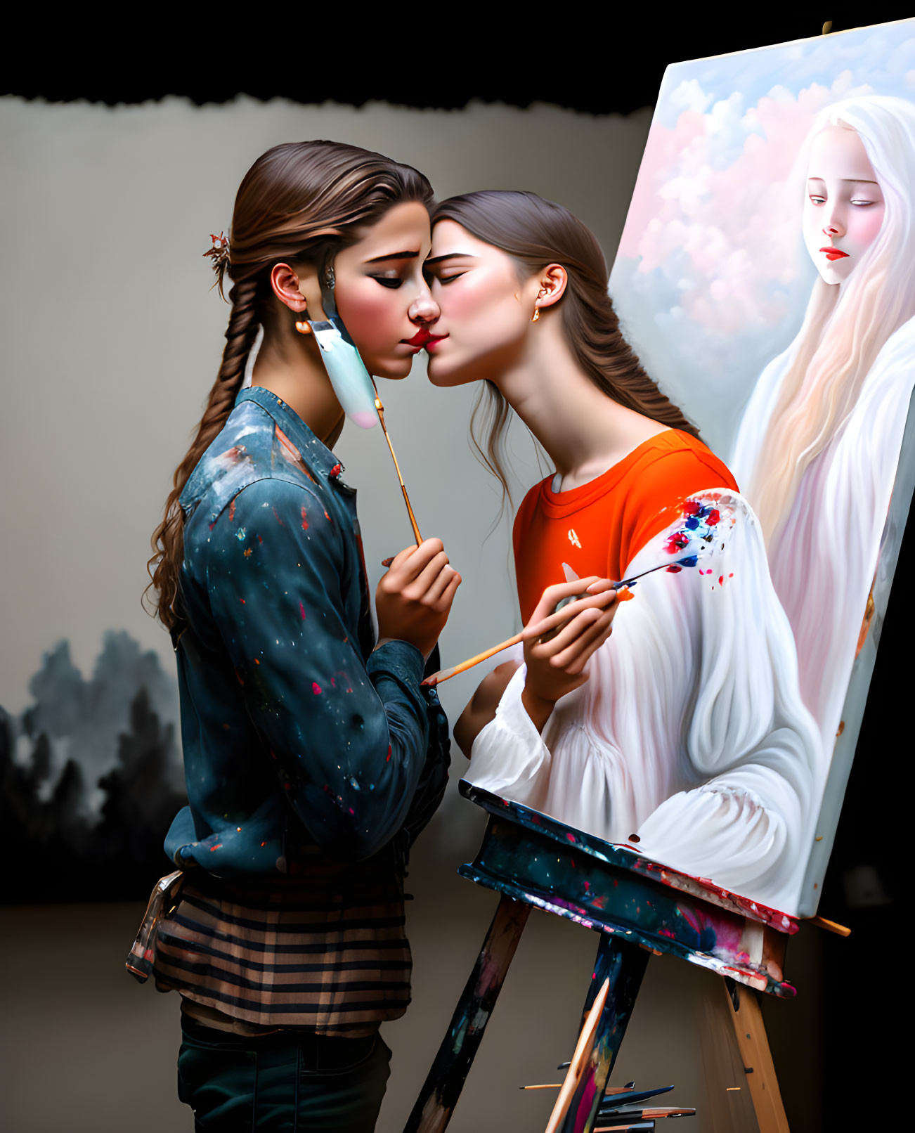 Artist in paint-splattered shirt kisses brush before canvas of woman with flowing hair