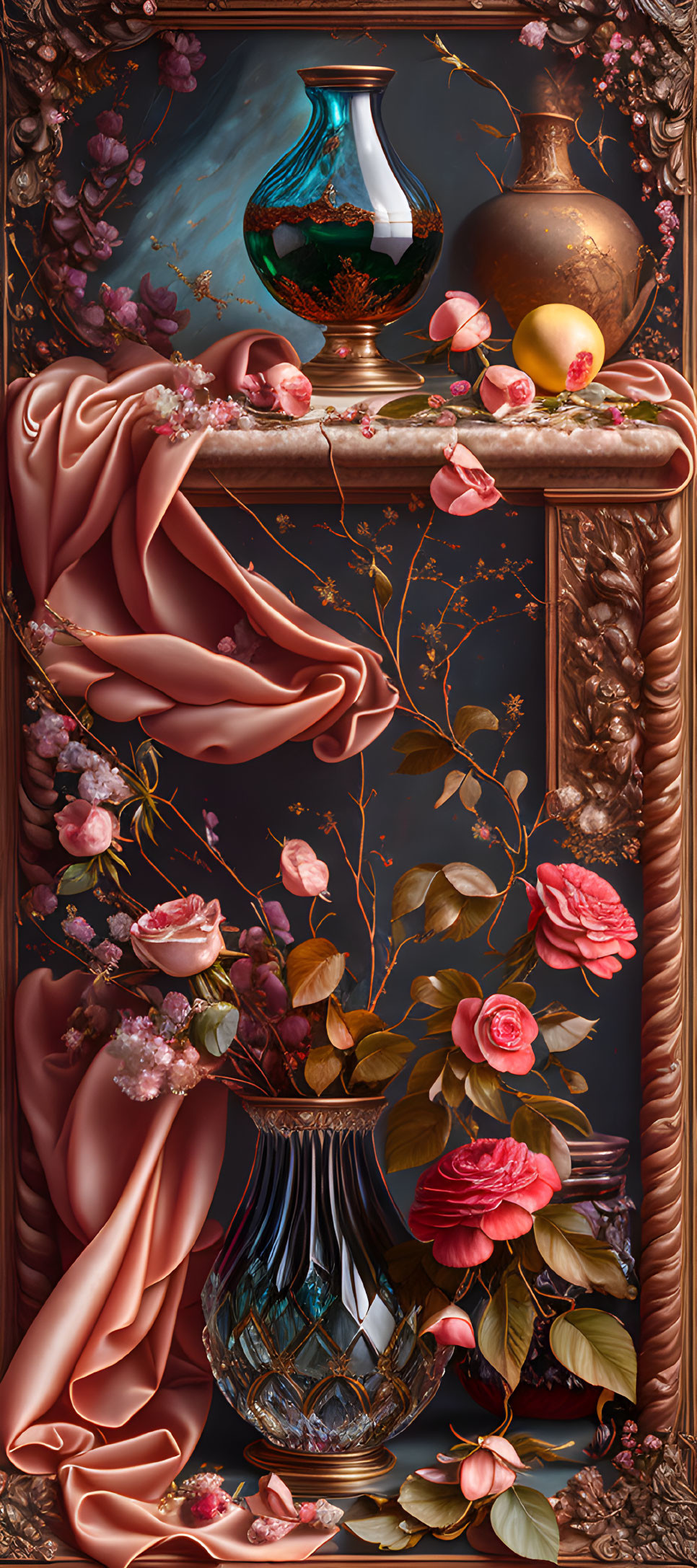 Vibrant collection of vases, flowers, and fabrics in ornate painting style