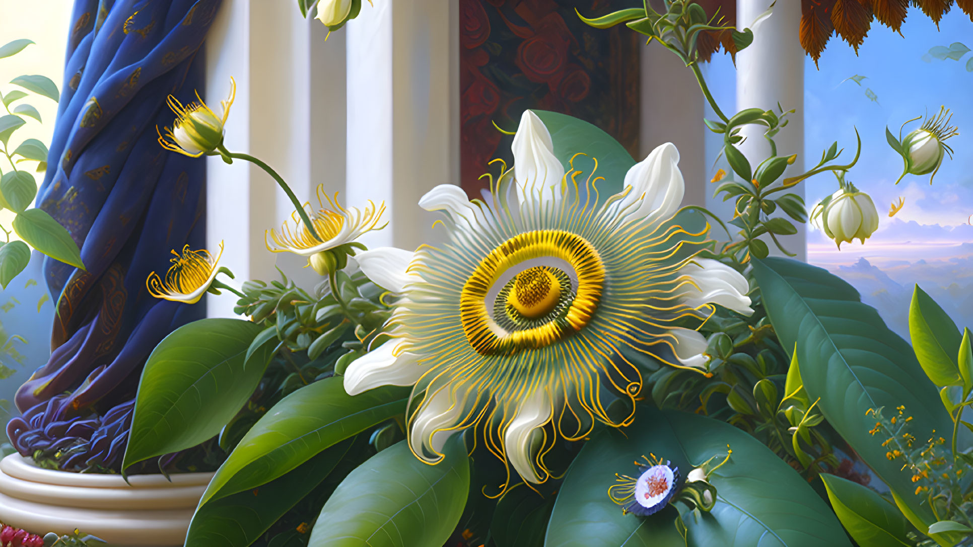 Detailed painting of vibrant passion flower amid classical columns.