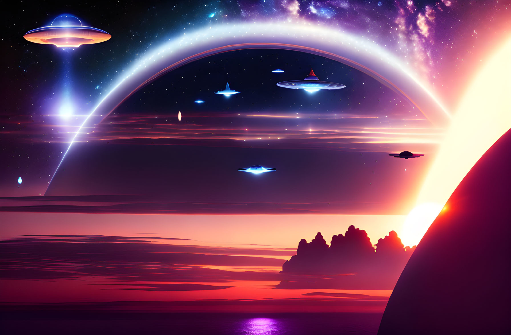 Colorful Sci-Fi Landscape with UFOs, Nebula, and Planet Horizon