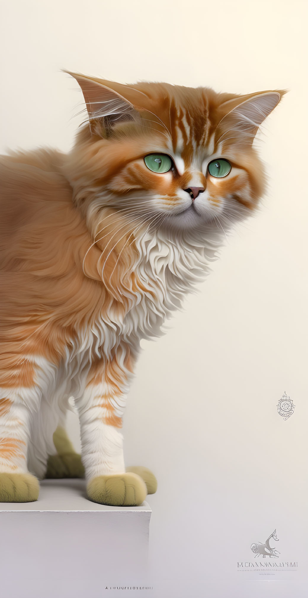 Fluffy orange and white cat with green eyes perched majestically