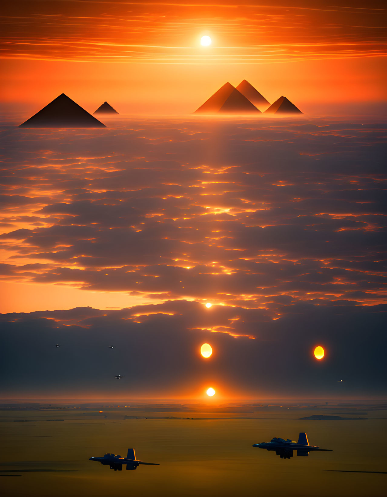 Dual suns sunset over desert with pyramids and futuristic aircraft.