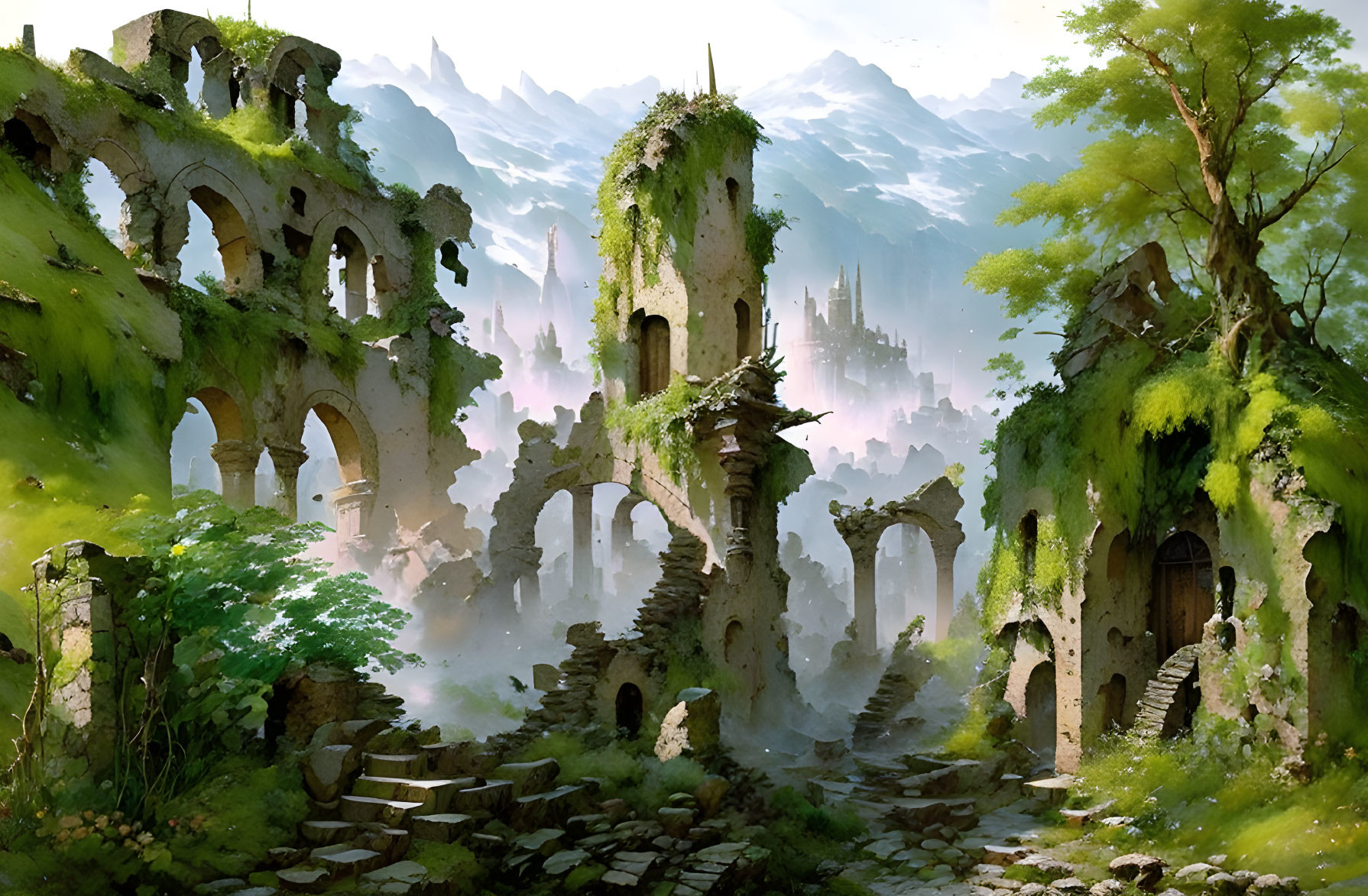 Mysterious fantasy landscape with ancient ruins and misty towers