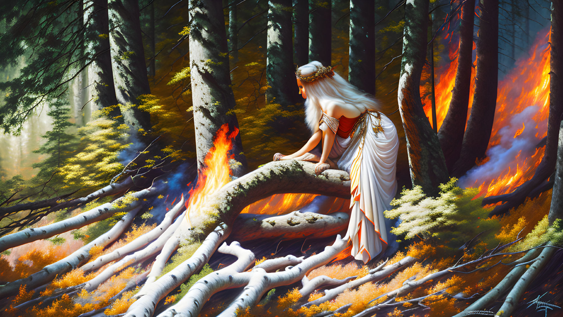 Ethereal woman in white and gold dress in forest setting with fire.