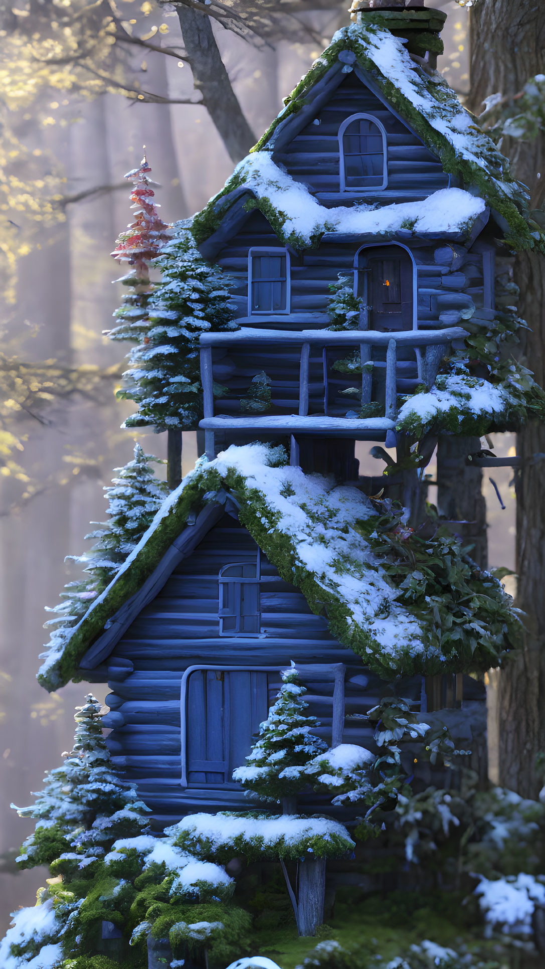 Snow-covered blue treehouse in misty forest