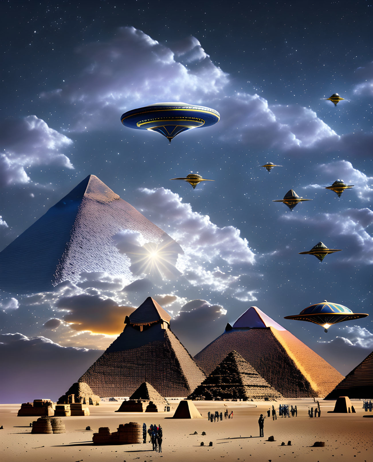 Multiple UFOs hover over Egyptian pyramids at night with onlookers.