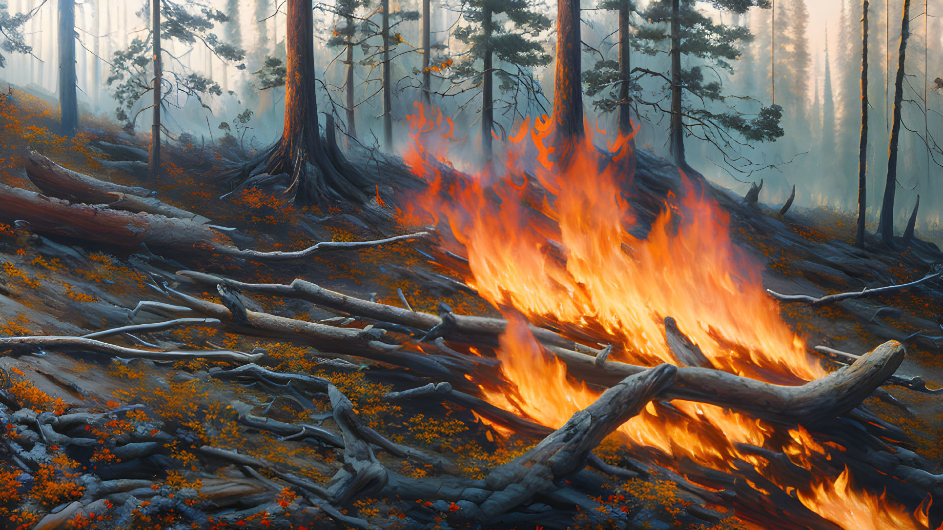 Forest fire burning through fallen logs in hazy woods