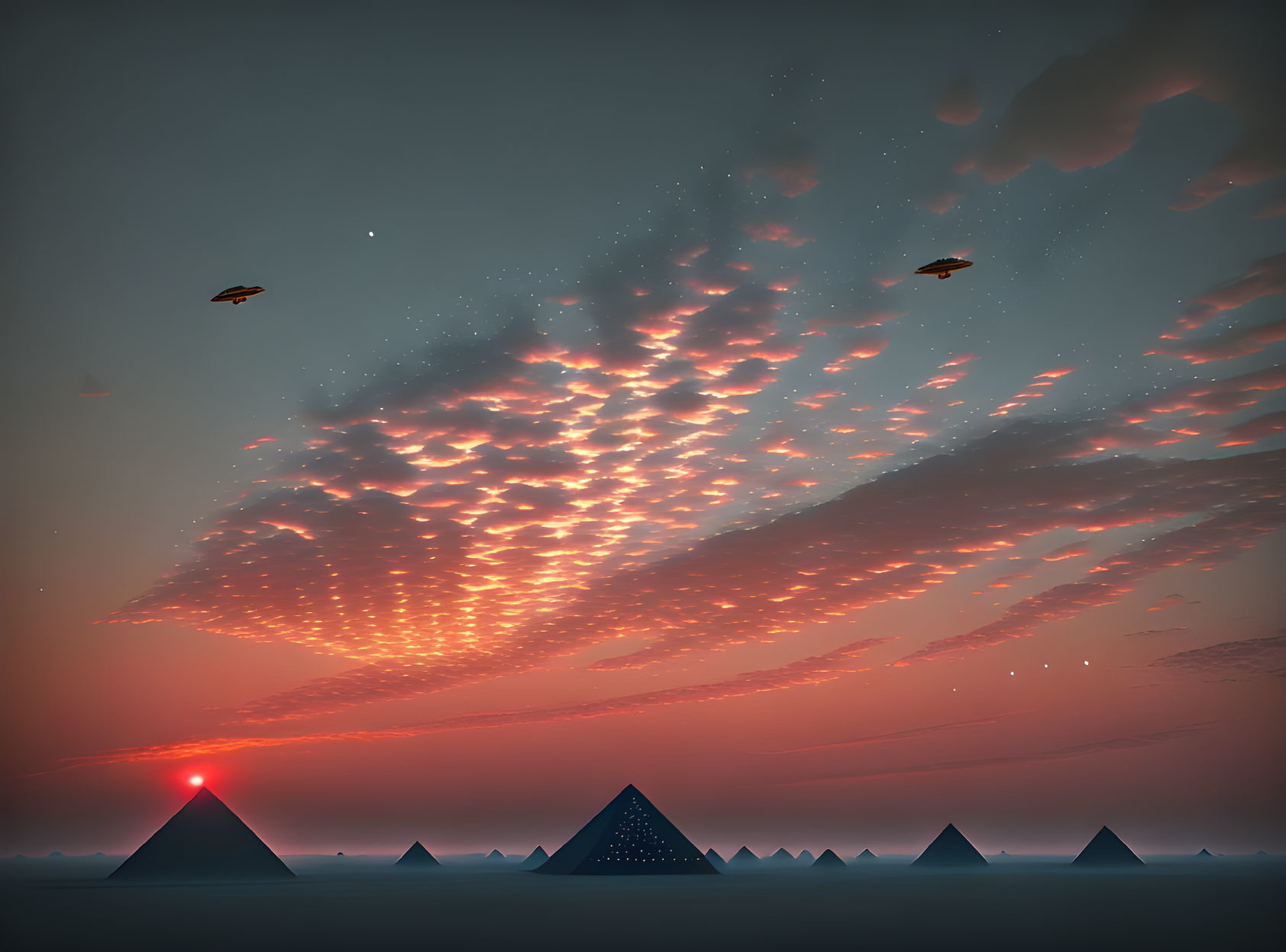 Sunset over pyramids with starry sky and flying birds