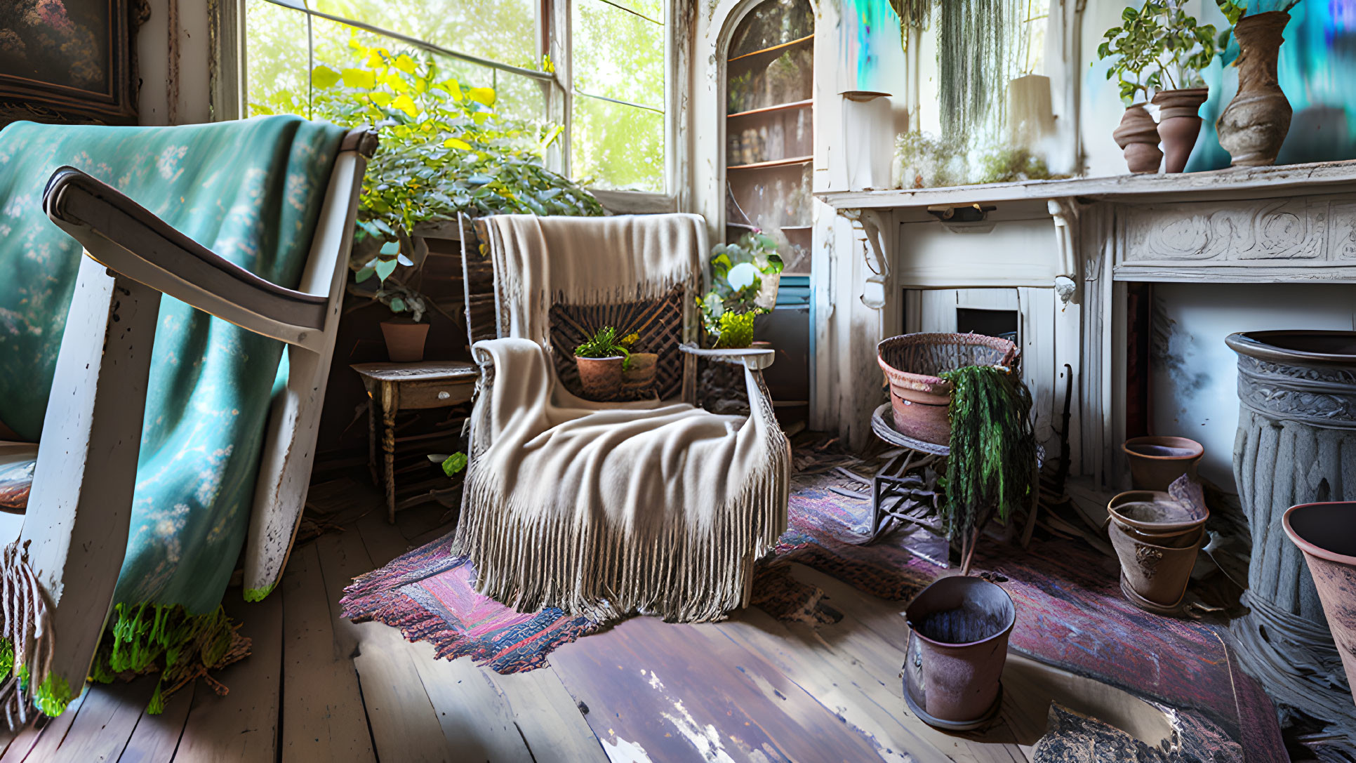 Sunlit Room with Plants, Armchair, Fireplace & Wooden Floors