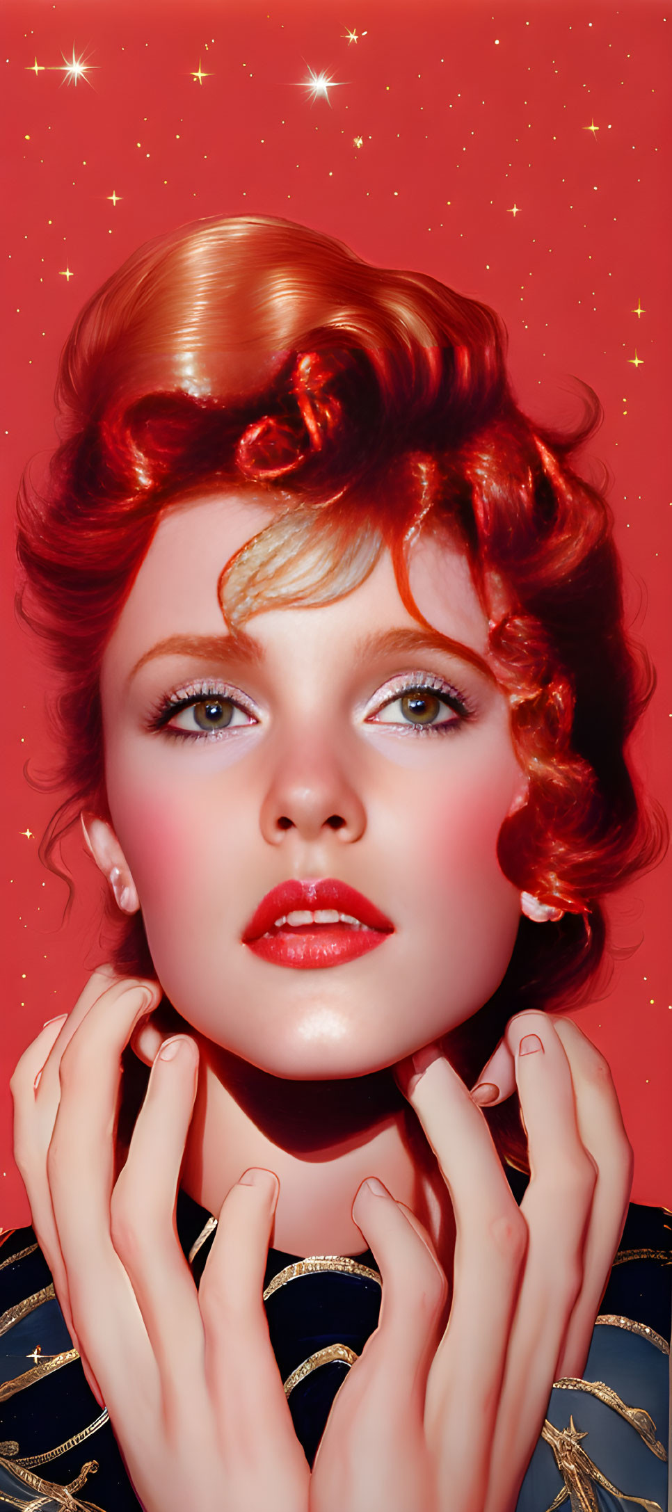 Vibrant red hair and glittering eyes in vintage glamour portrait