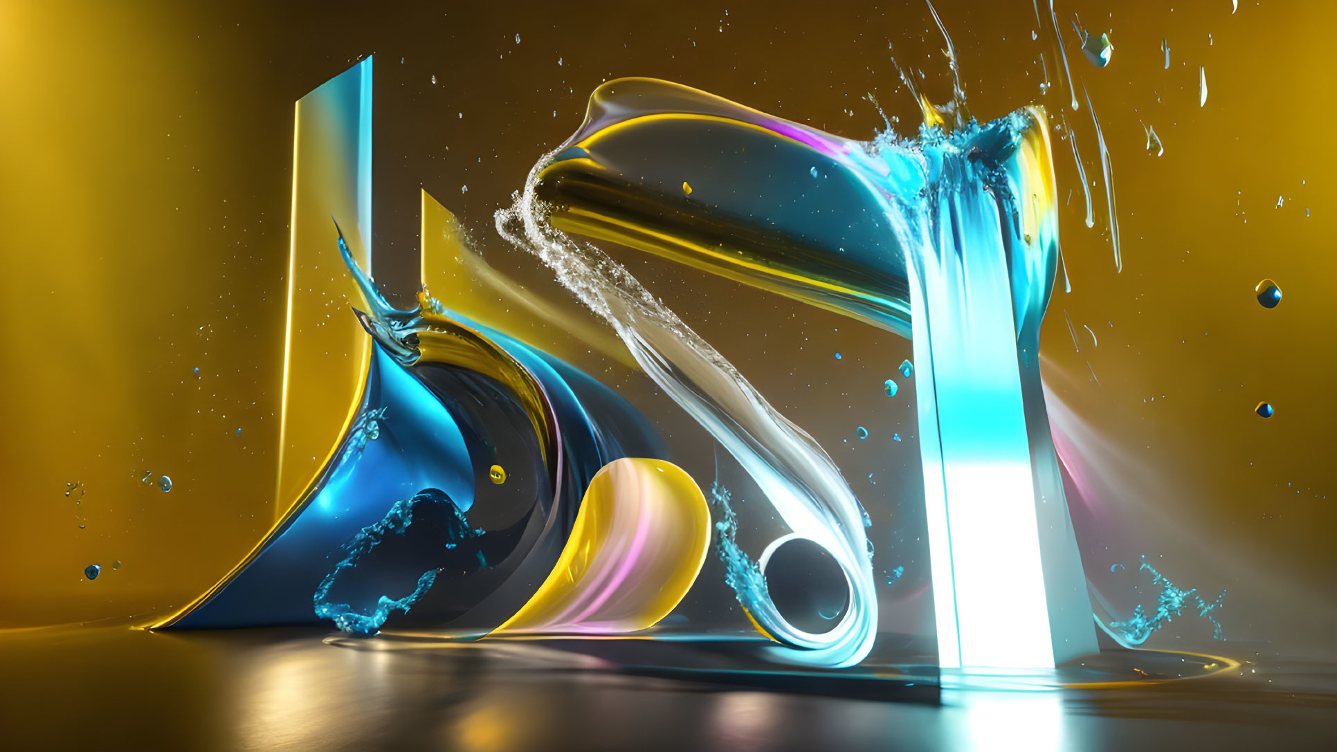 Abstract 3D Composition: Metallic Shapes, Liquid Splash, Golden Environment