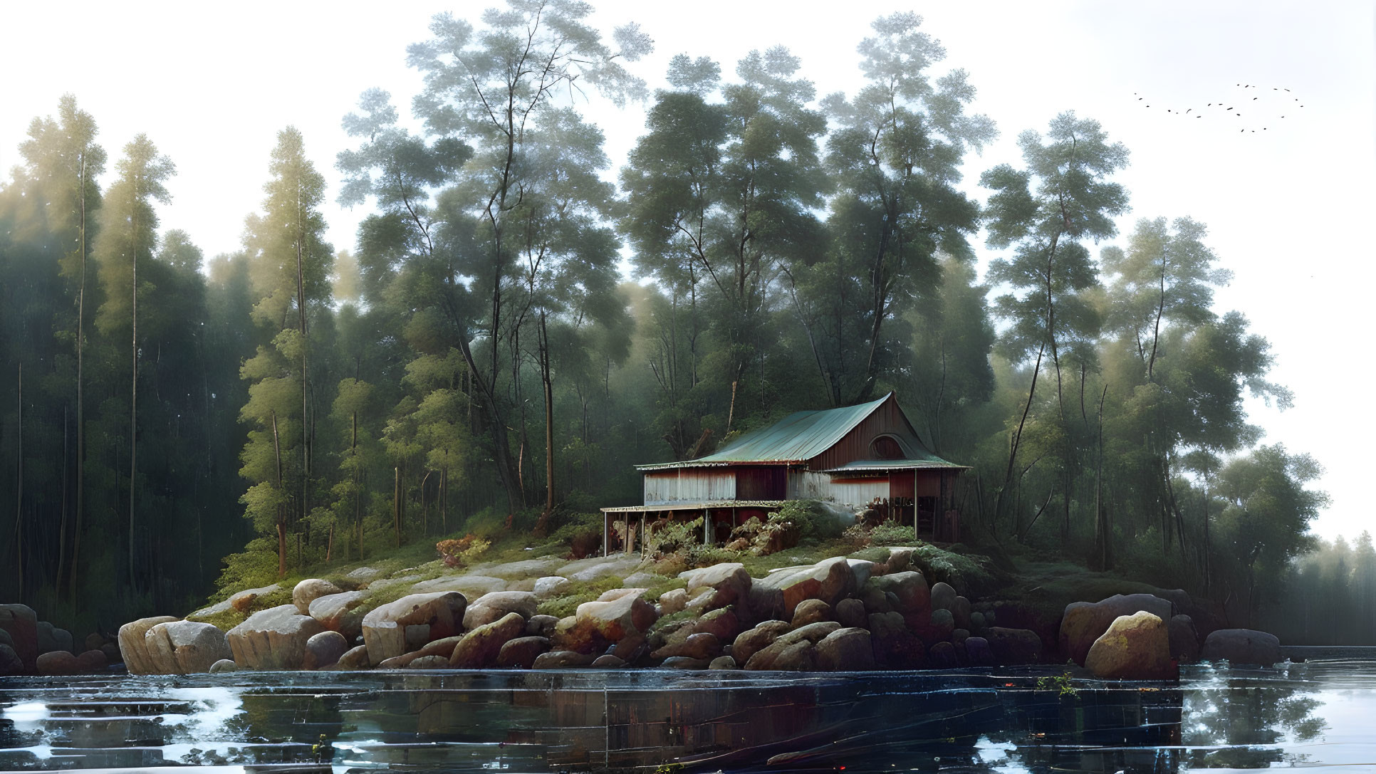 Tranquil lake landscape with red-roofed cabin, mist, calm waters, and birds