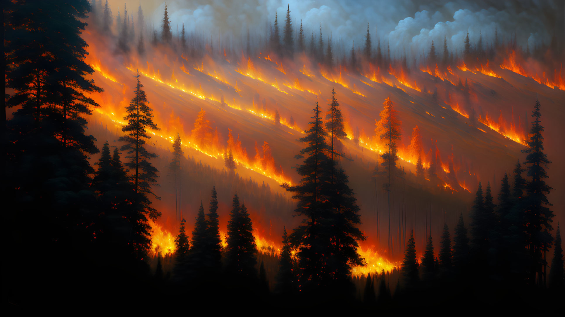 Intense forest wildfire at twilight with orange flames and thick smoke