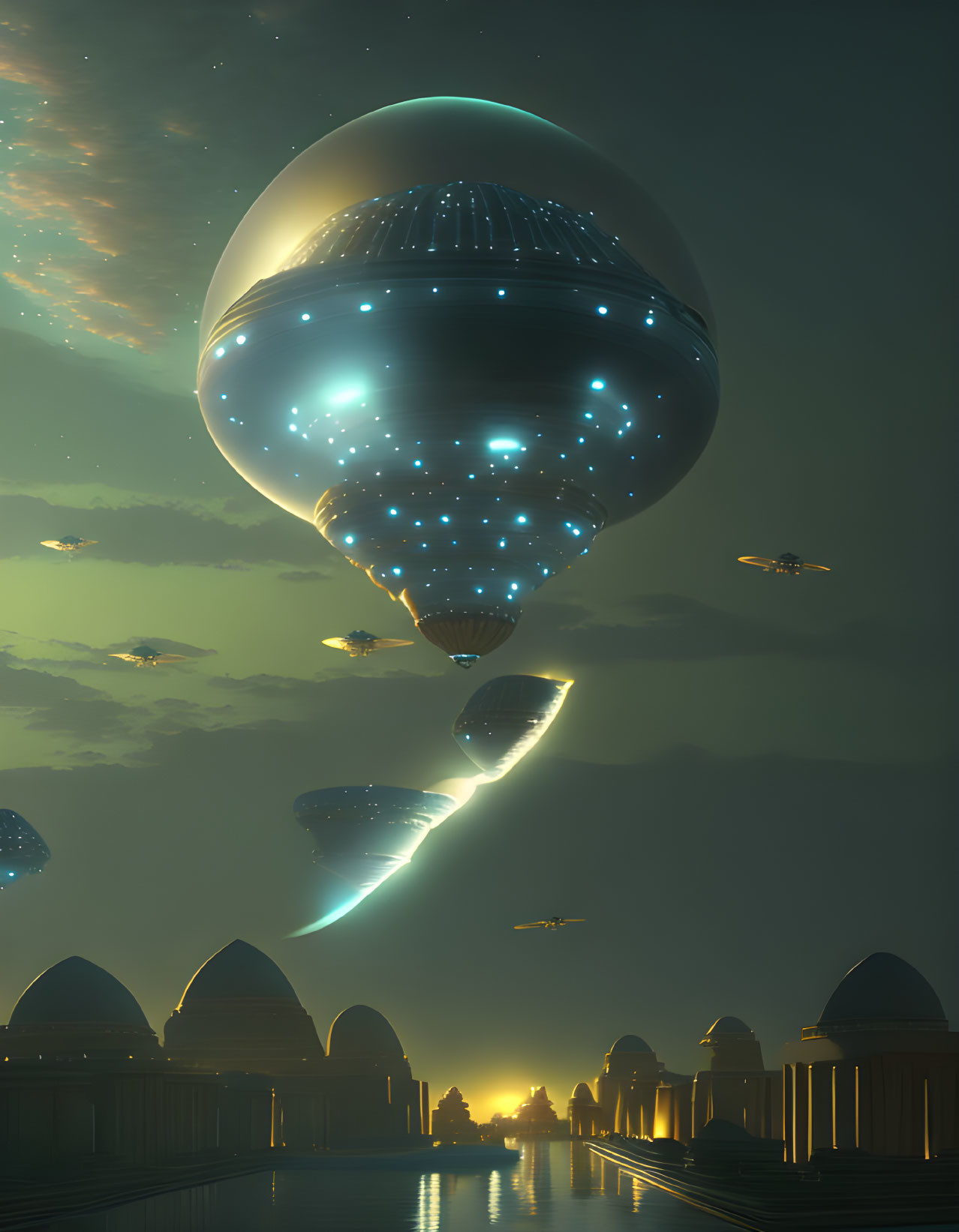 Futuristic cityscape at dusk with descending airship and classical architecture lit by warm lights