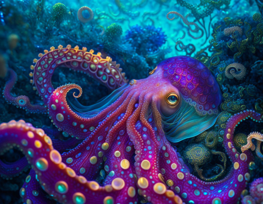 Colorful Octopus Among Intricate Coral Reef Patterns