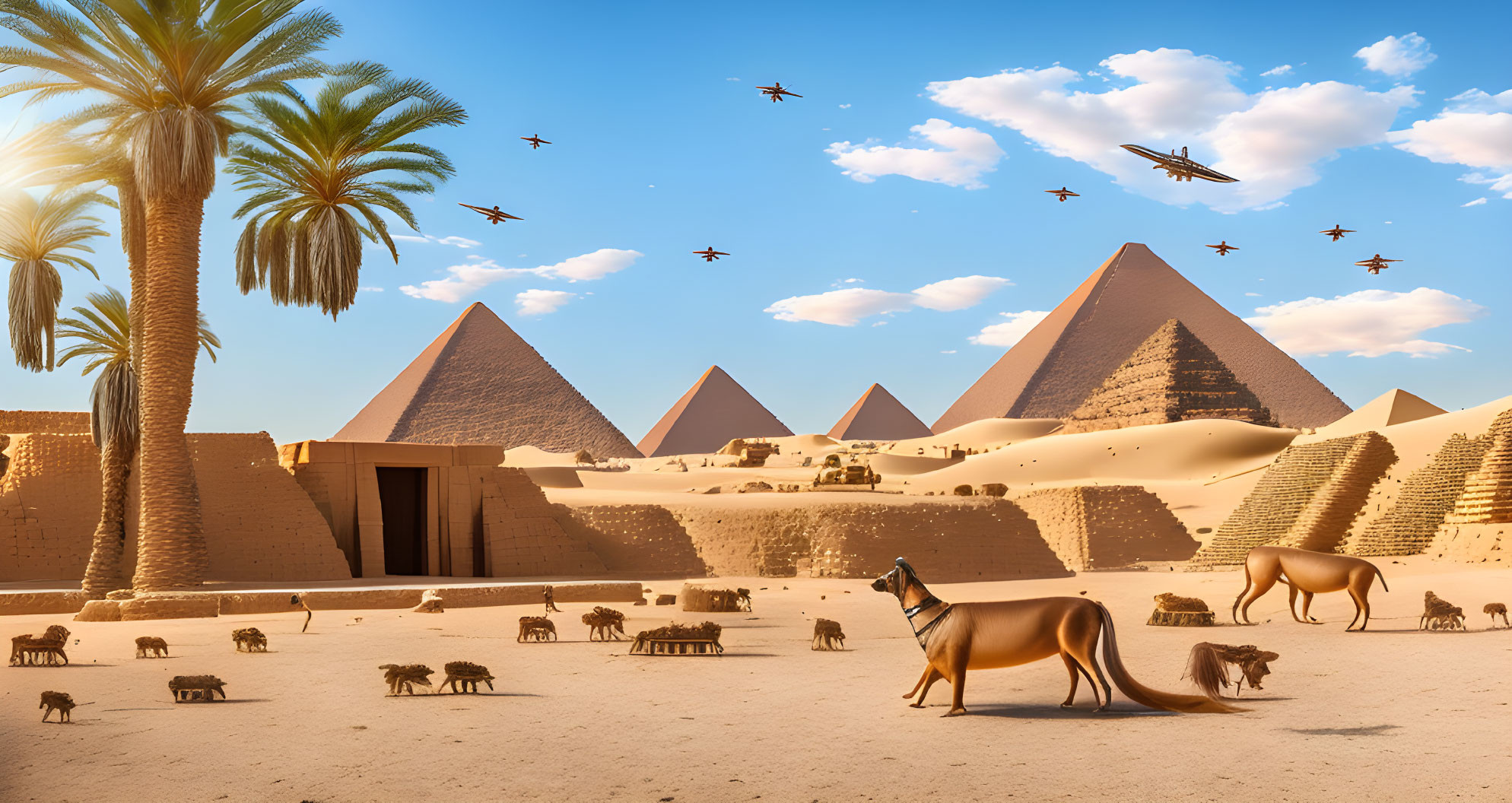 Ancient Egyptian Pyramids and Sphinx with camels and beetles in a clear blue sky