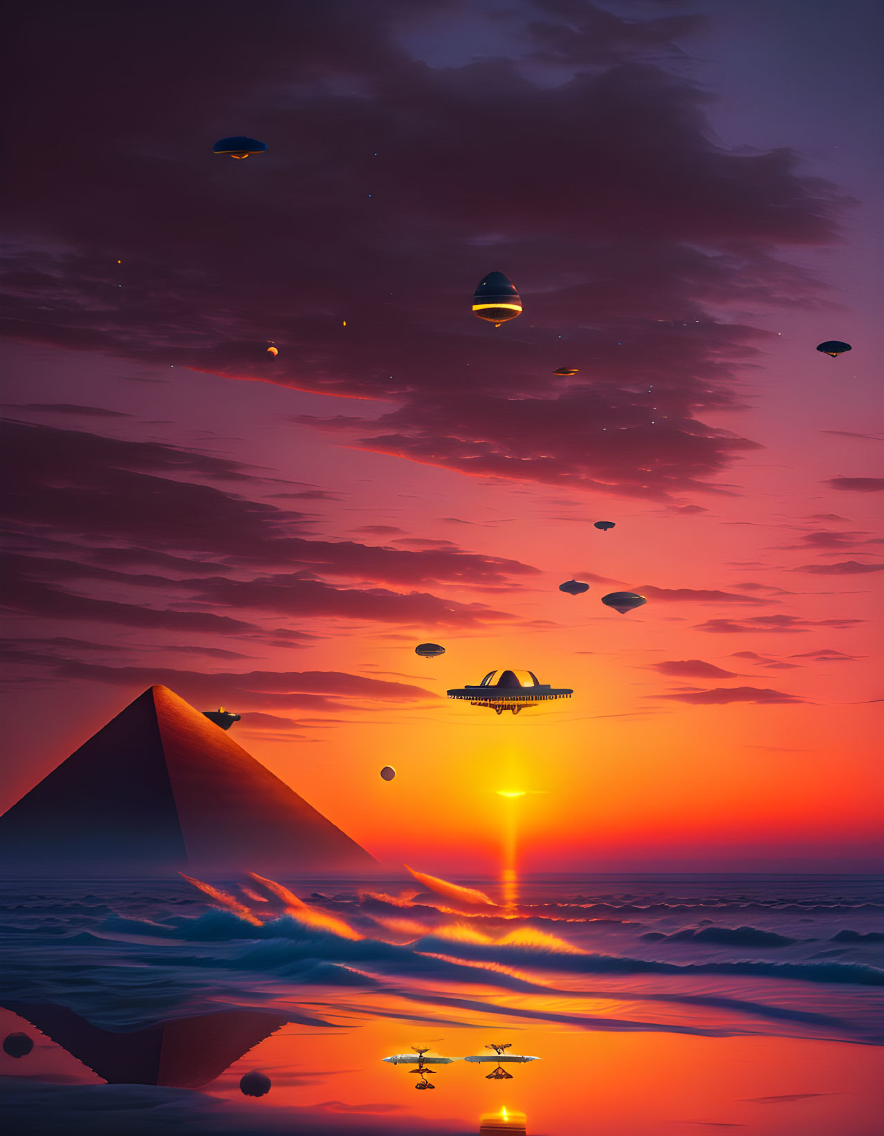 Surreal sunset with pyramid, airships, and ocean reflections