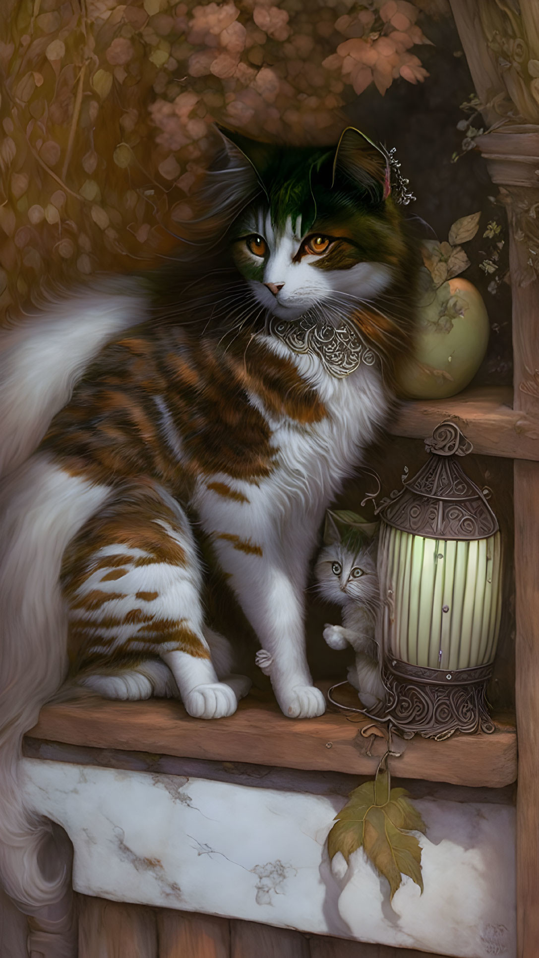 Long-haired cat with ornate markings and curious kitten on wooden steps with glowing lantern in autumn.