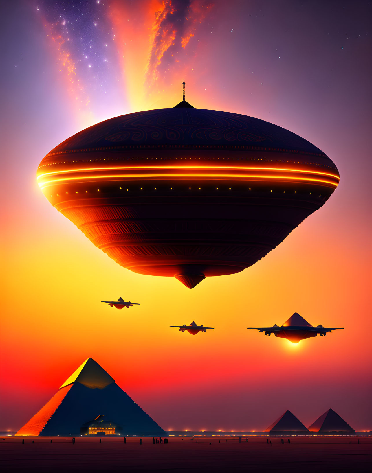 Massive spacecraft hovers over Great Pyramids at sunset with fighter jets and cosmic energy.