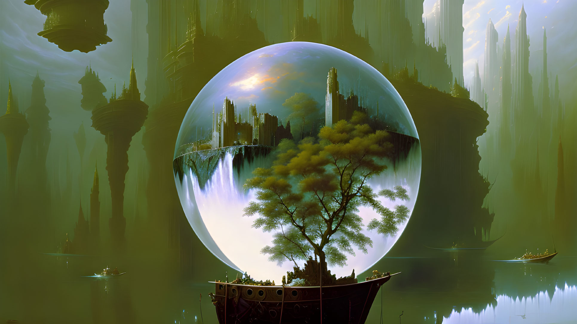 Surreal landscape with towering rocks, boats, and transparent sphere.