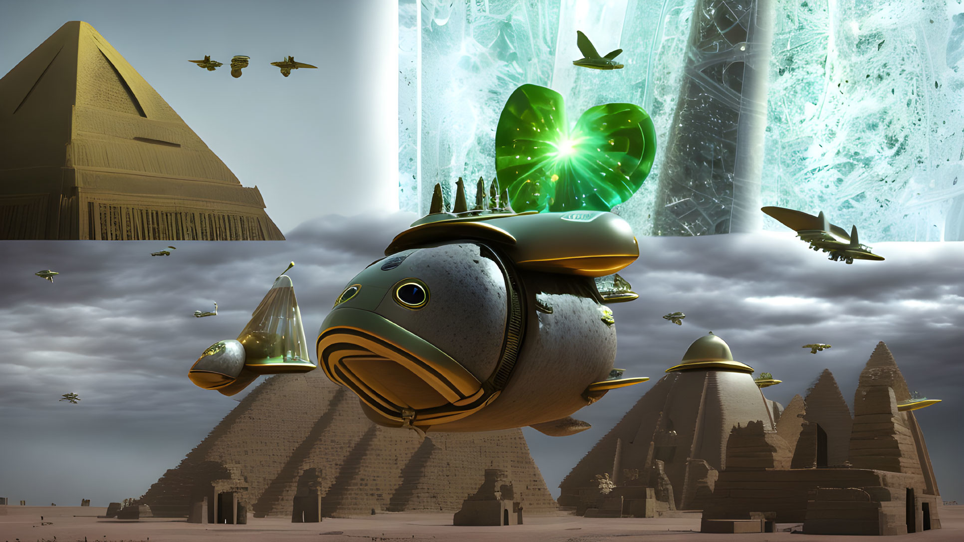 Giant mechanical fish flies over pyramids with smaller craft and green portal