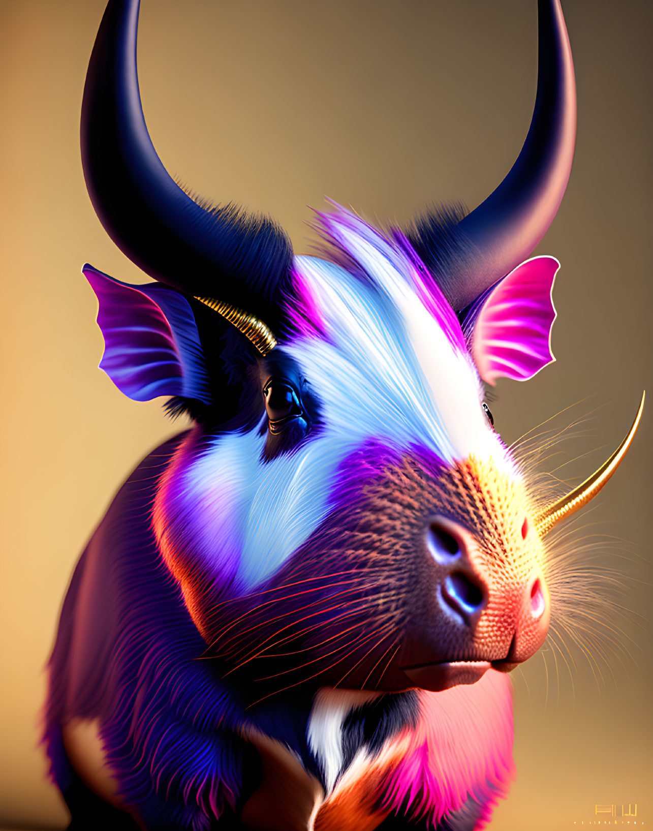 Vibrant digital artwork of stylized bovine creature