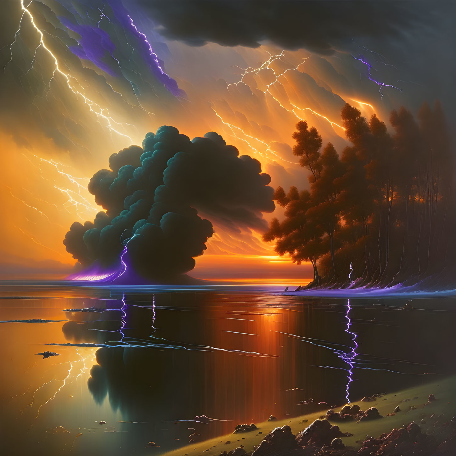 Dramatic thunderstorm over lake with lightning and dark cloud at sunset