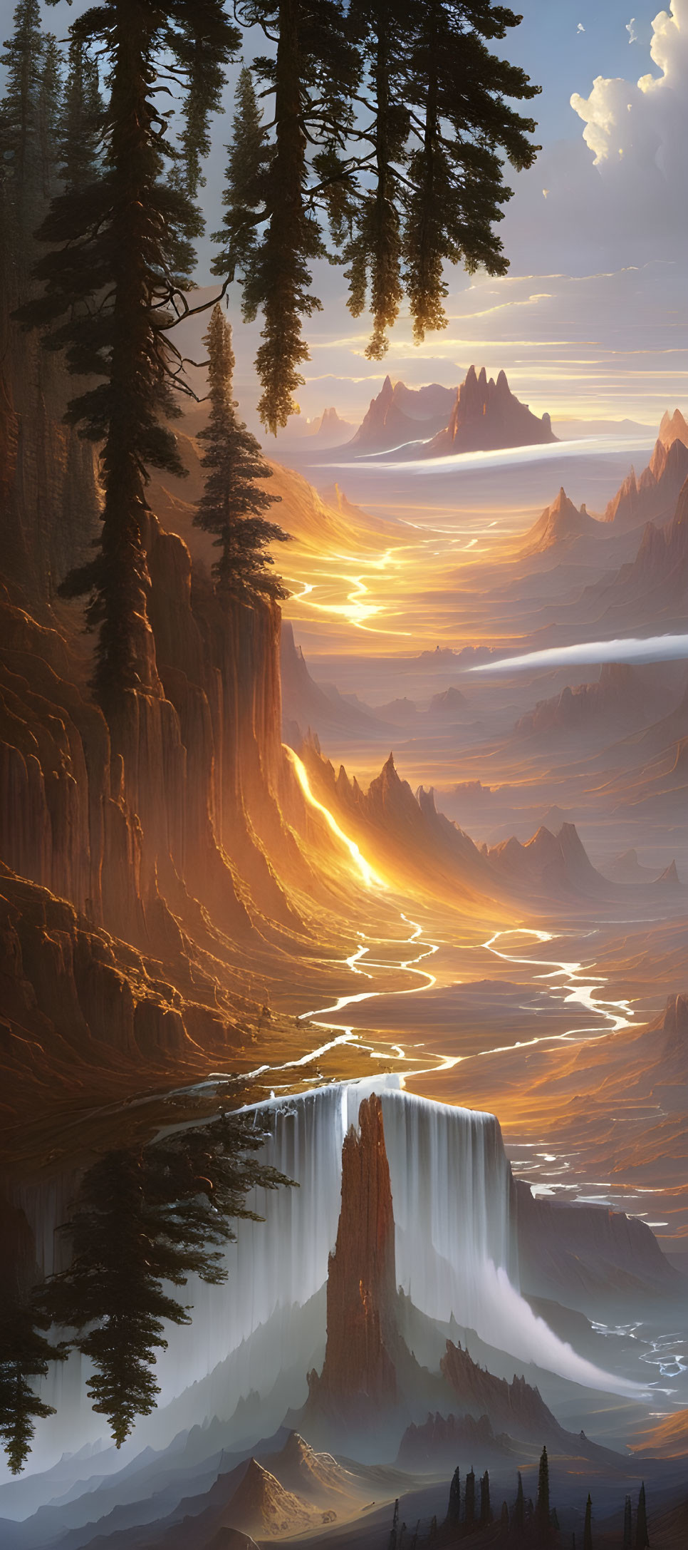 Majestic landscape: towering cliffs, waterfalls, and sunset glow